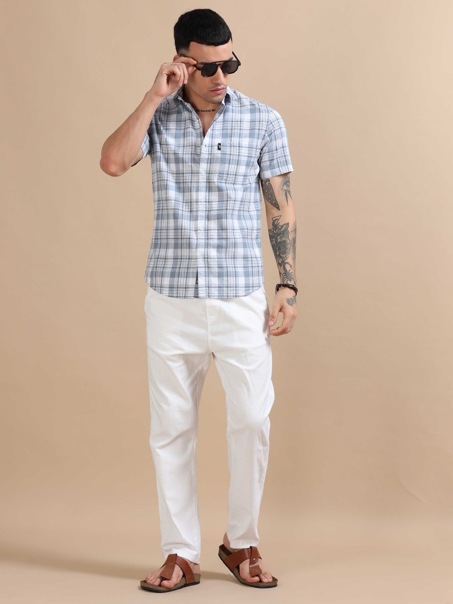 Savador Jungle Mist Linen Slub Checks Shirt