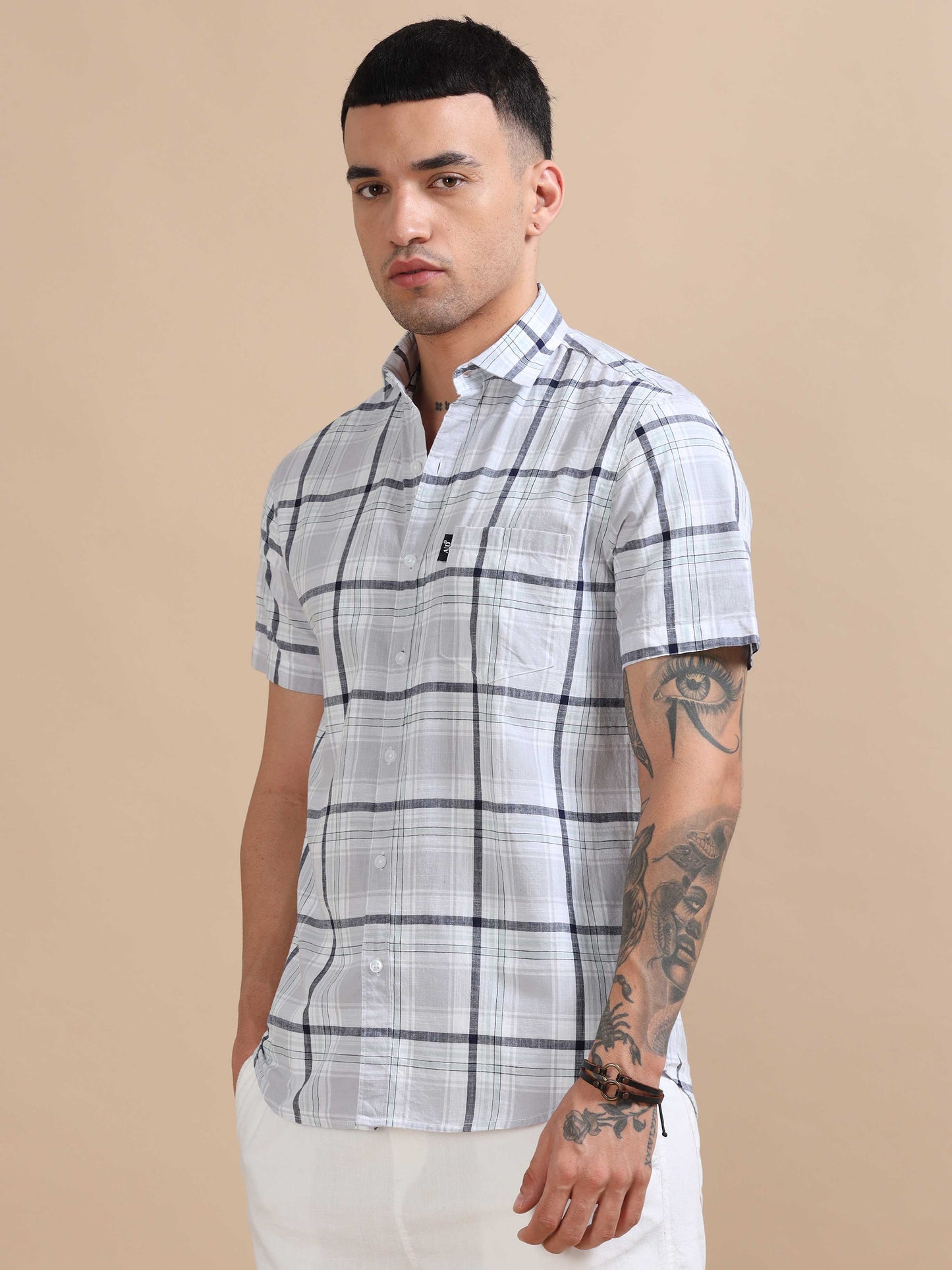 Savador Ash Grey Linen Slub Checks Shirt