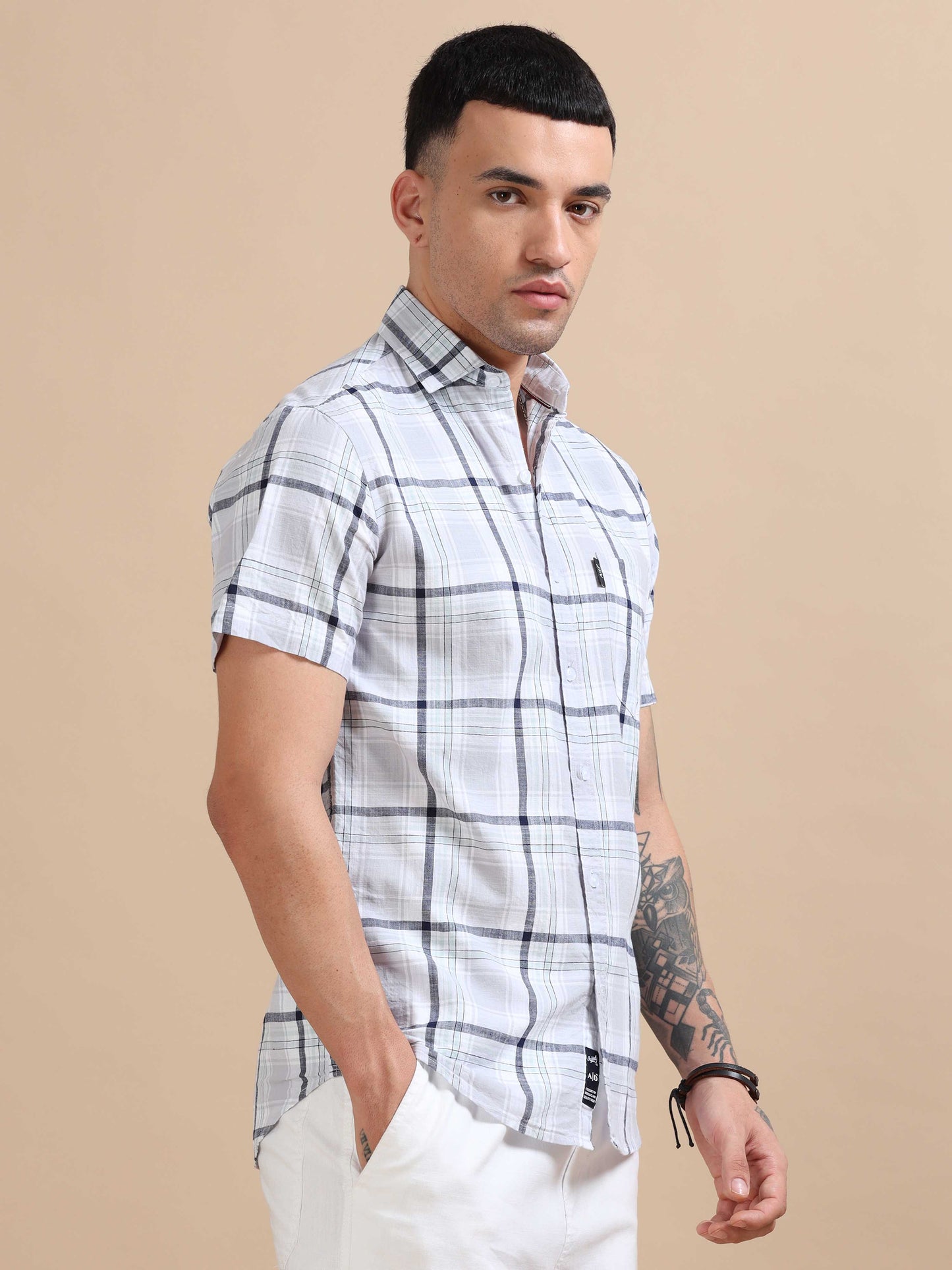 Savador Ash Grey Linen Slub Checks Shirt