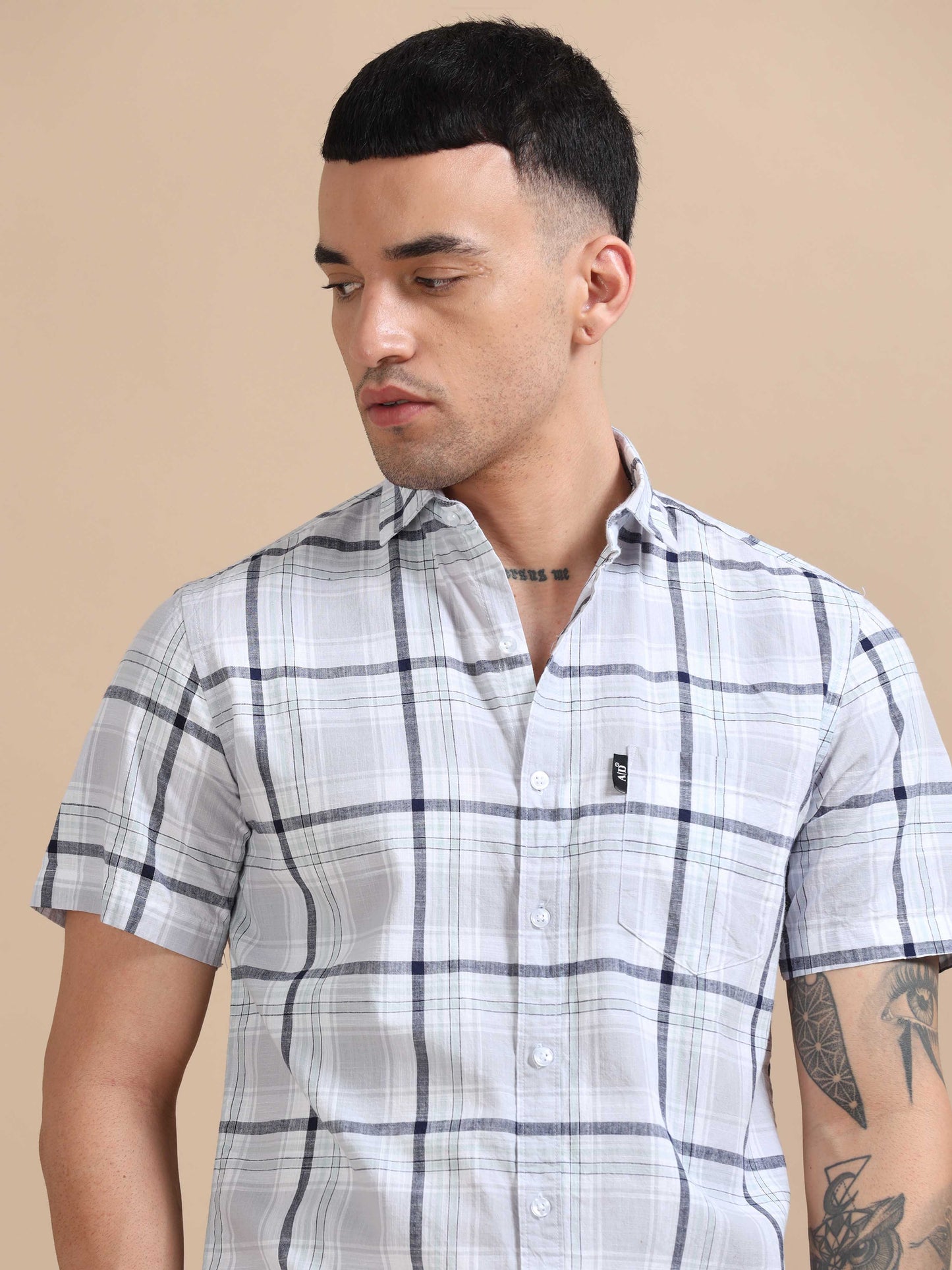 Savador Ash Grey Linen Slub Checks Shirt