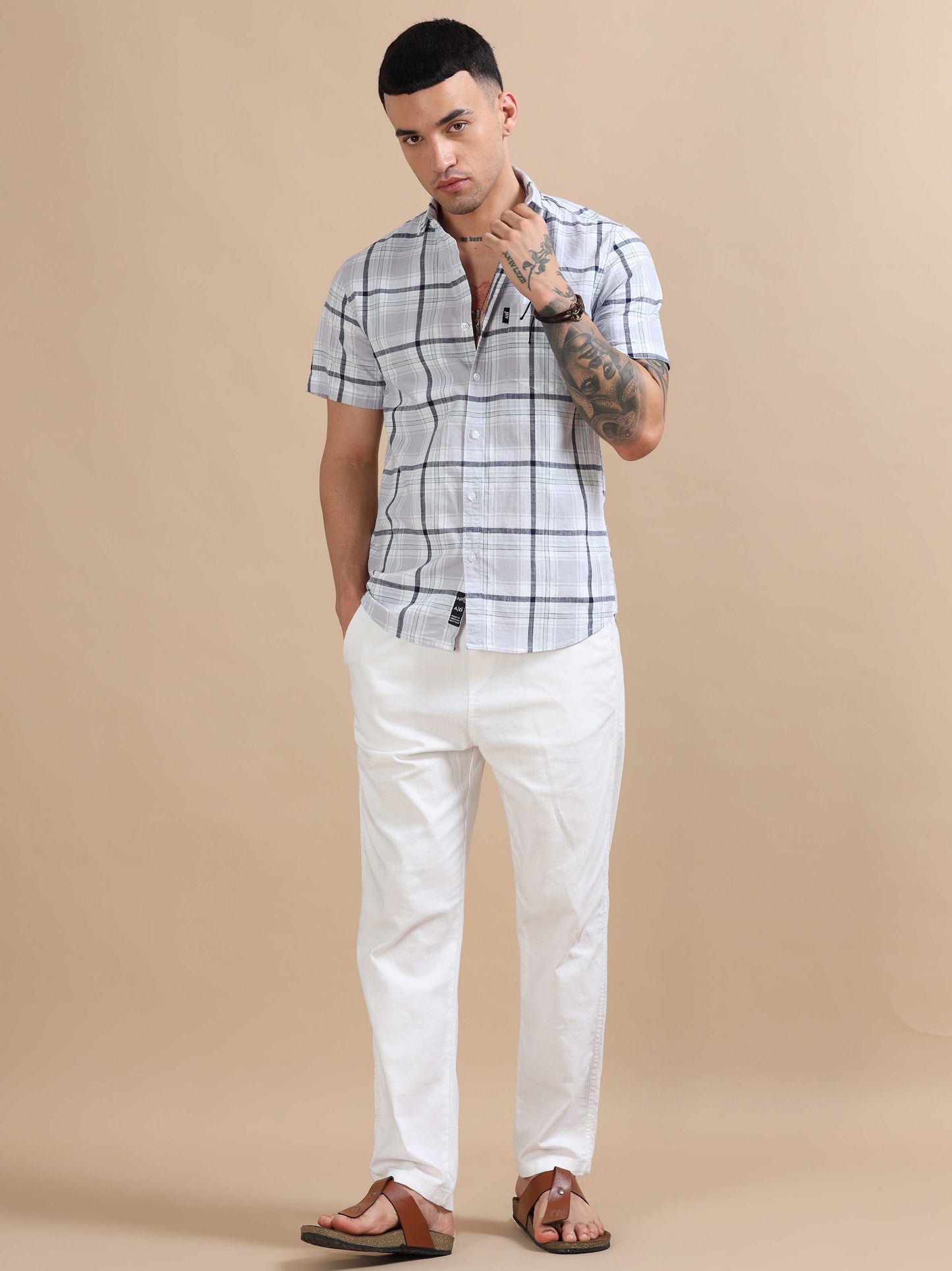 Savador Ash Grey Linen Slub Checks Shirt