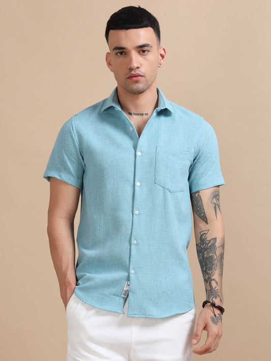 Eton Sky Blue Imported Poly Linen Shirt