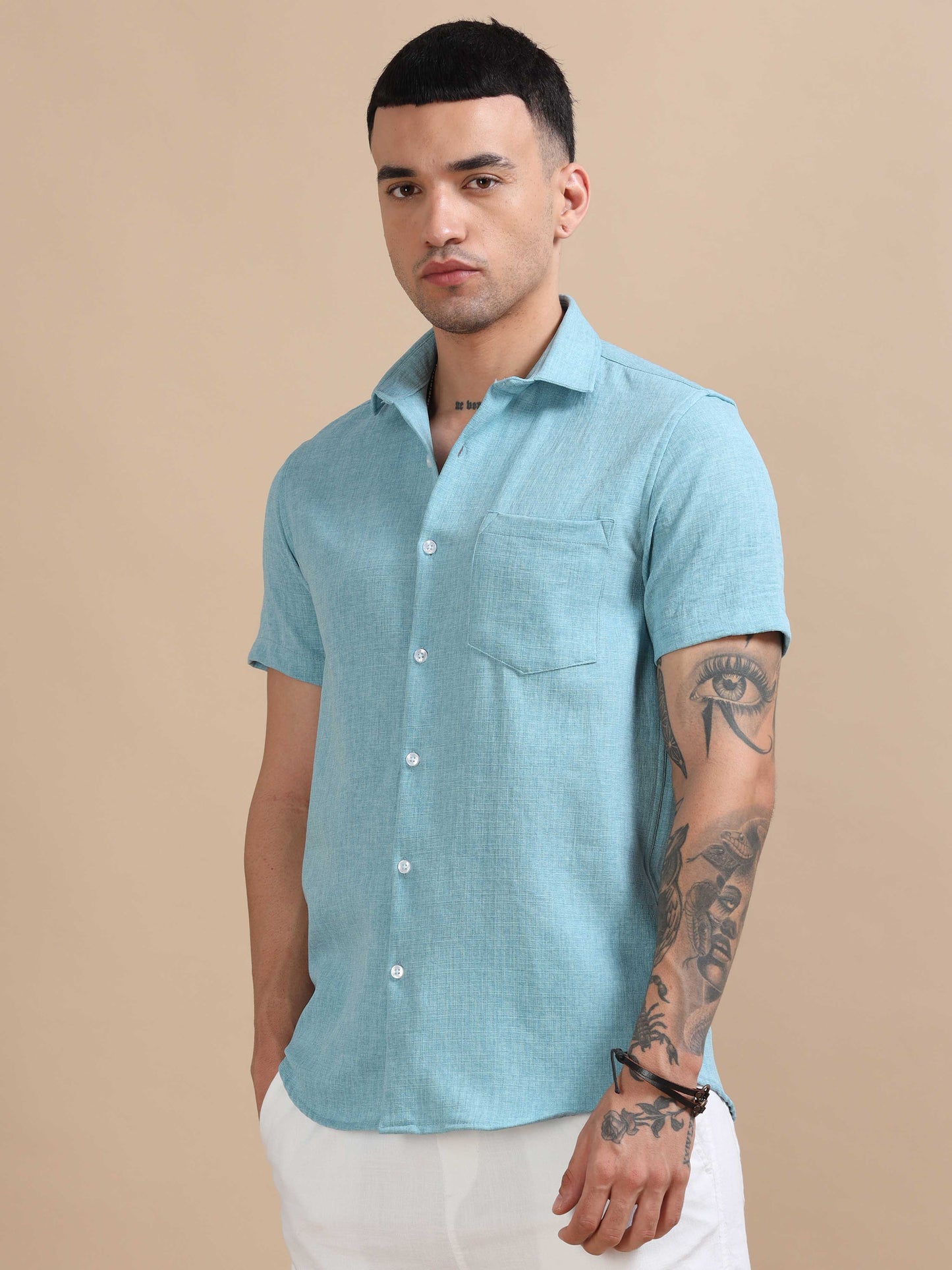 Eton Sky Blue Imported Poly Linen Shirt