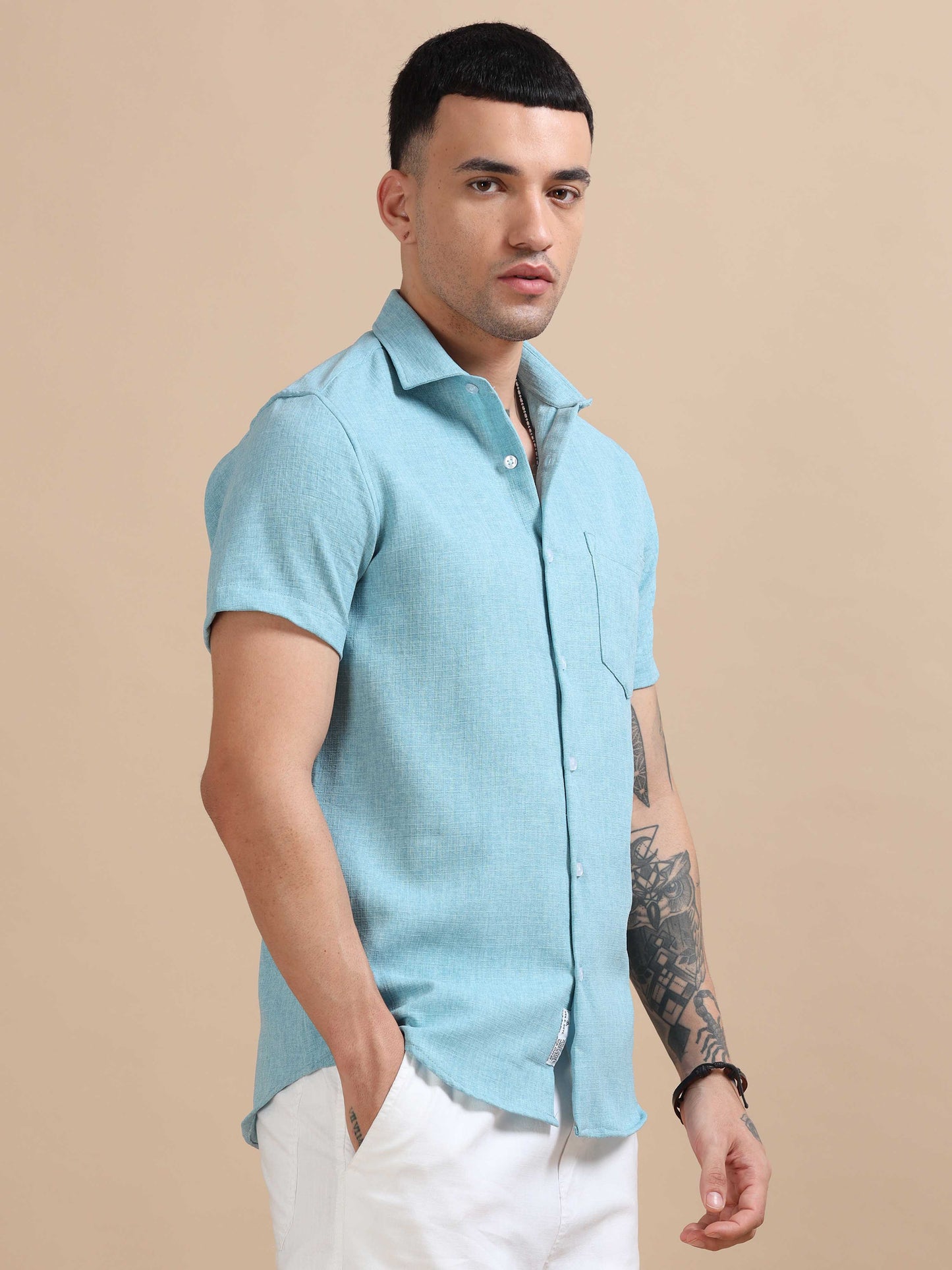 Eton Sky Blue Imported Poly Linen Shirt