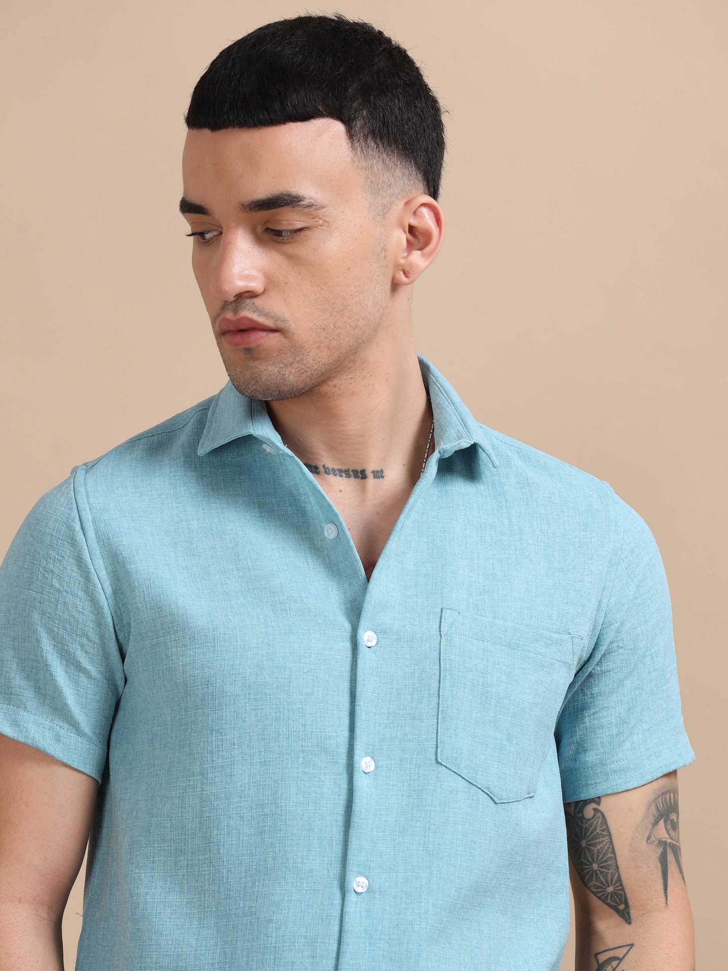 Eton Sky Blue Imported Poly Linen Shirt