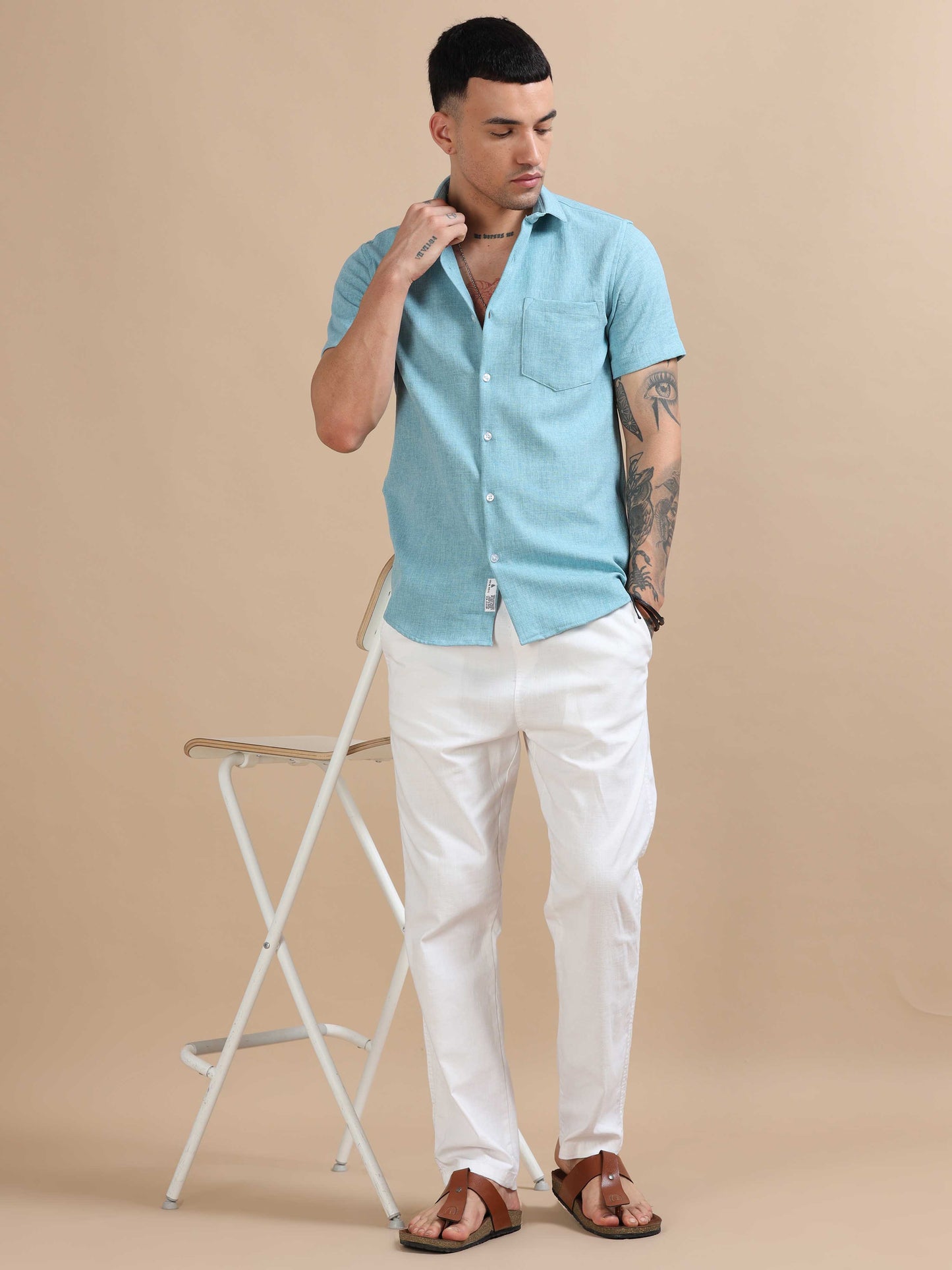 Eton Sky Blue Imported Poly Linen Shirt