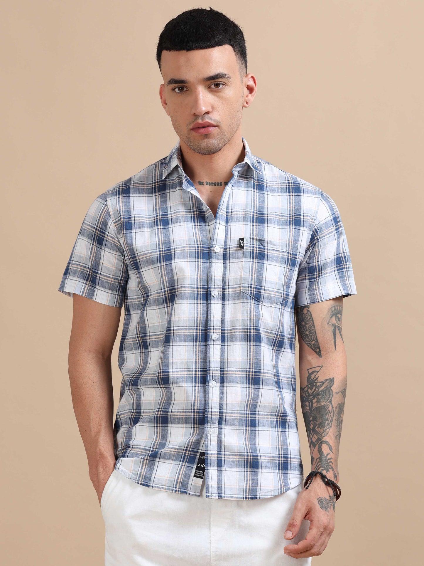 Savador Jet Blue Linen Slub Checks Shirt