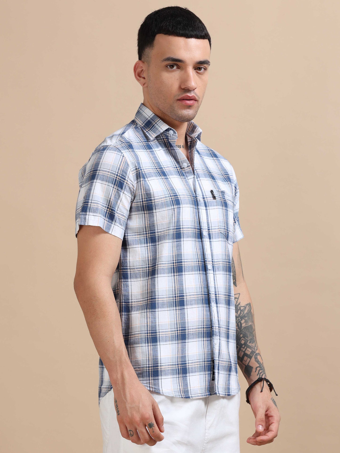 Savador Jet Blue Linen Slub Checks Shirt