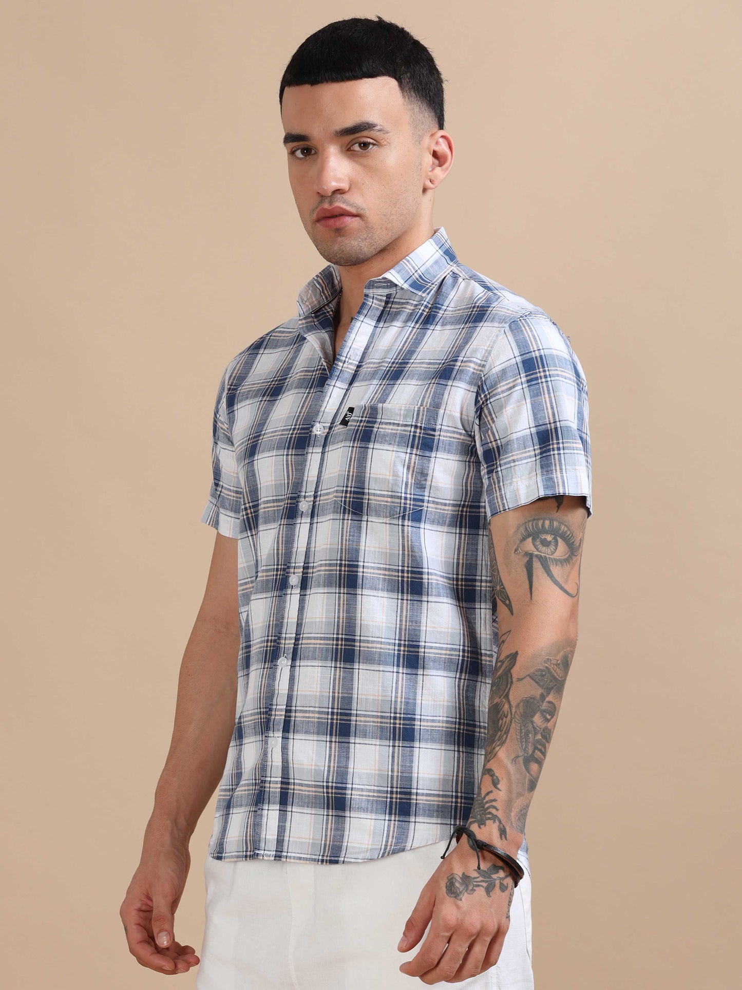 Savador Jet Blue Linen Slub Checks Shirt