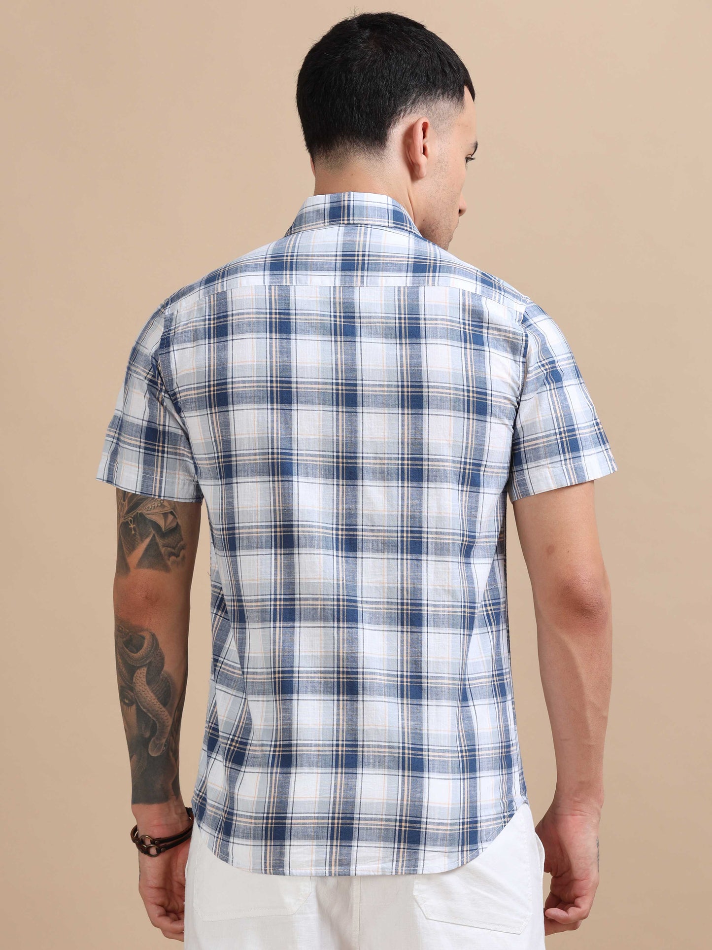 Savador Jet Blue Linen Slub Checks Shirt