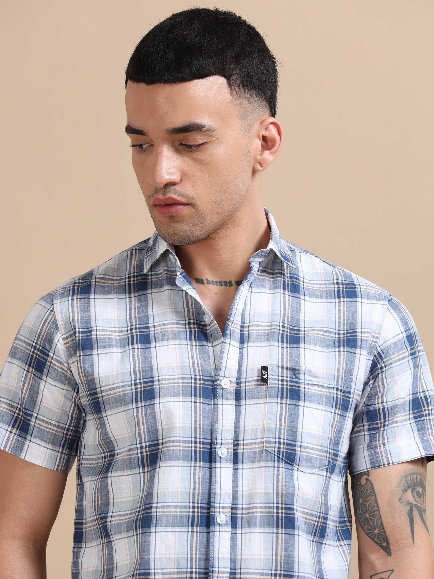 Savador Jet Blue Linen Slub Checks Shirt