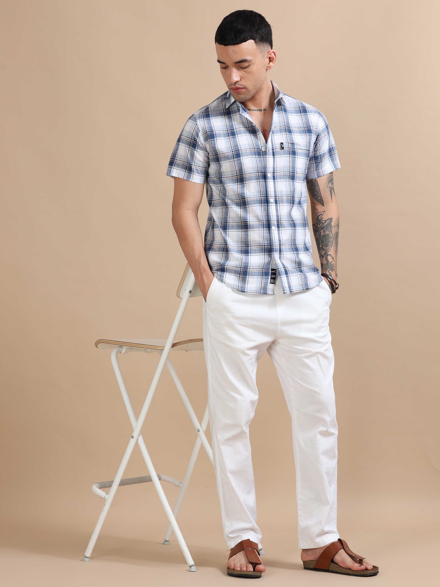 Savador Jet Blue Linen Slub Checks Shirt