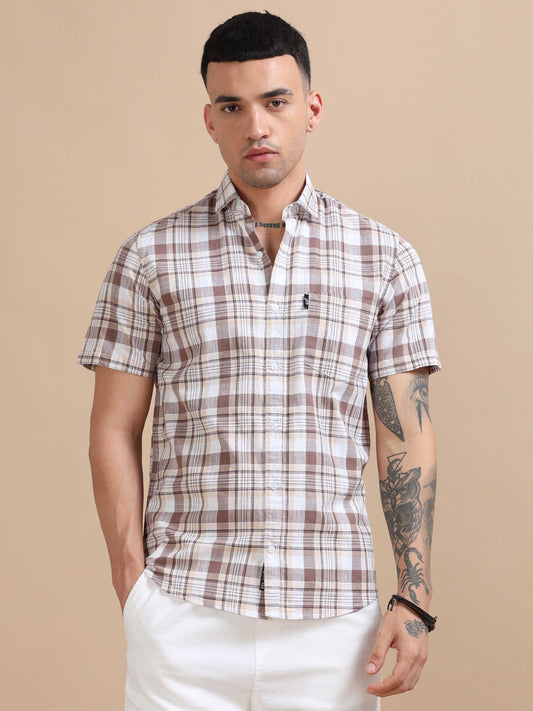 Savador Sandstone Linen Slub Checks Shirt