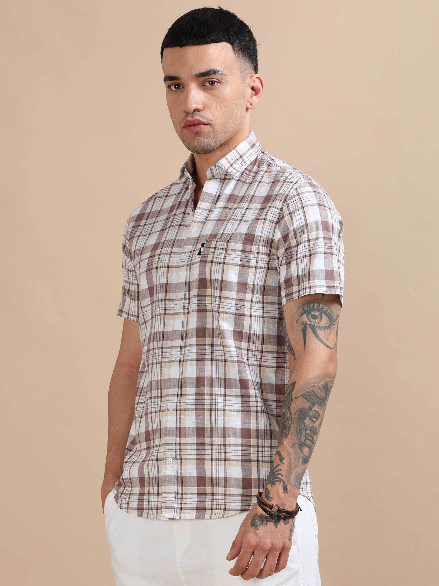 Savador Sandstone Linen Slub Checks Shirt