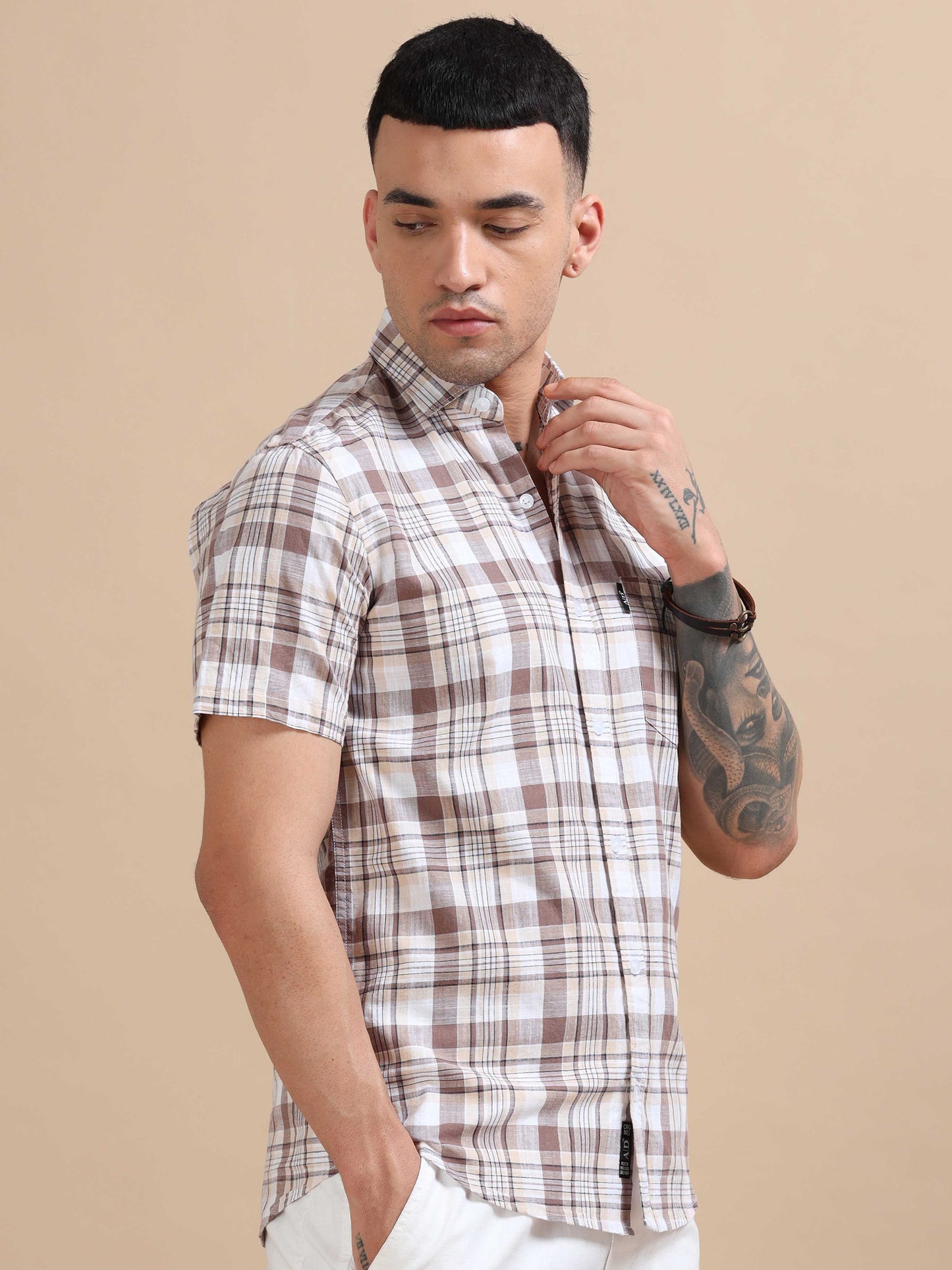 Savador Sandstone Linen Slub Checks Shirt