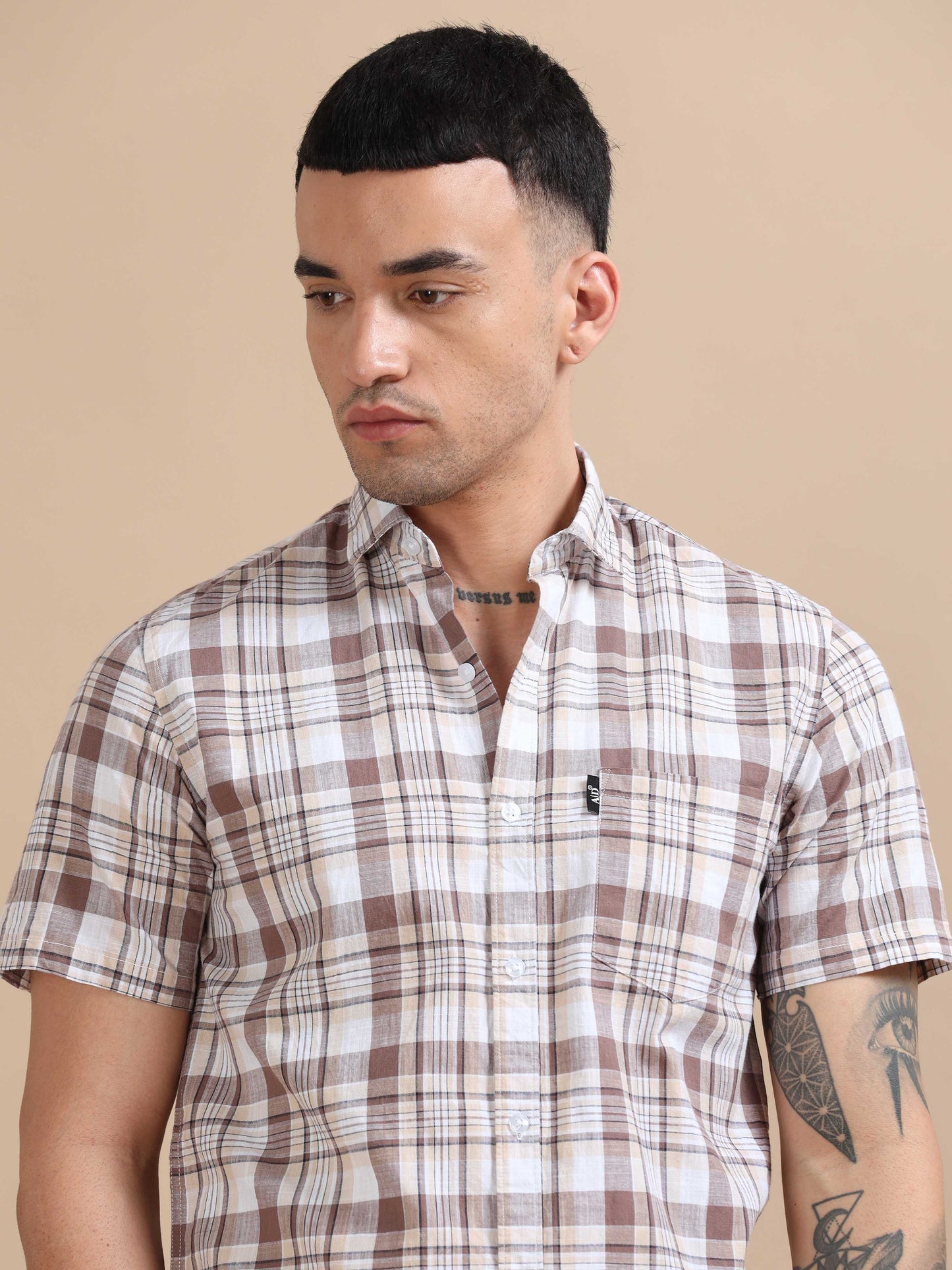 Savador Sandstone Linen Slub Checks Shirt