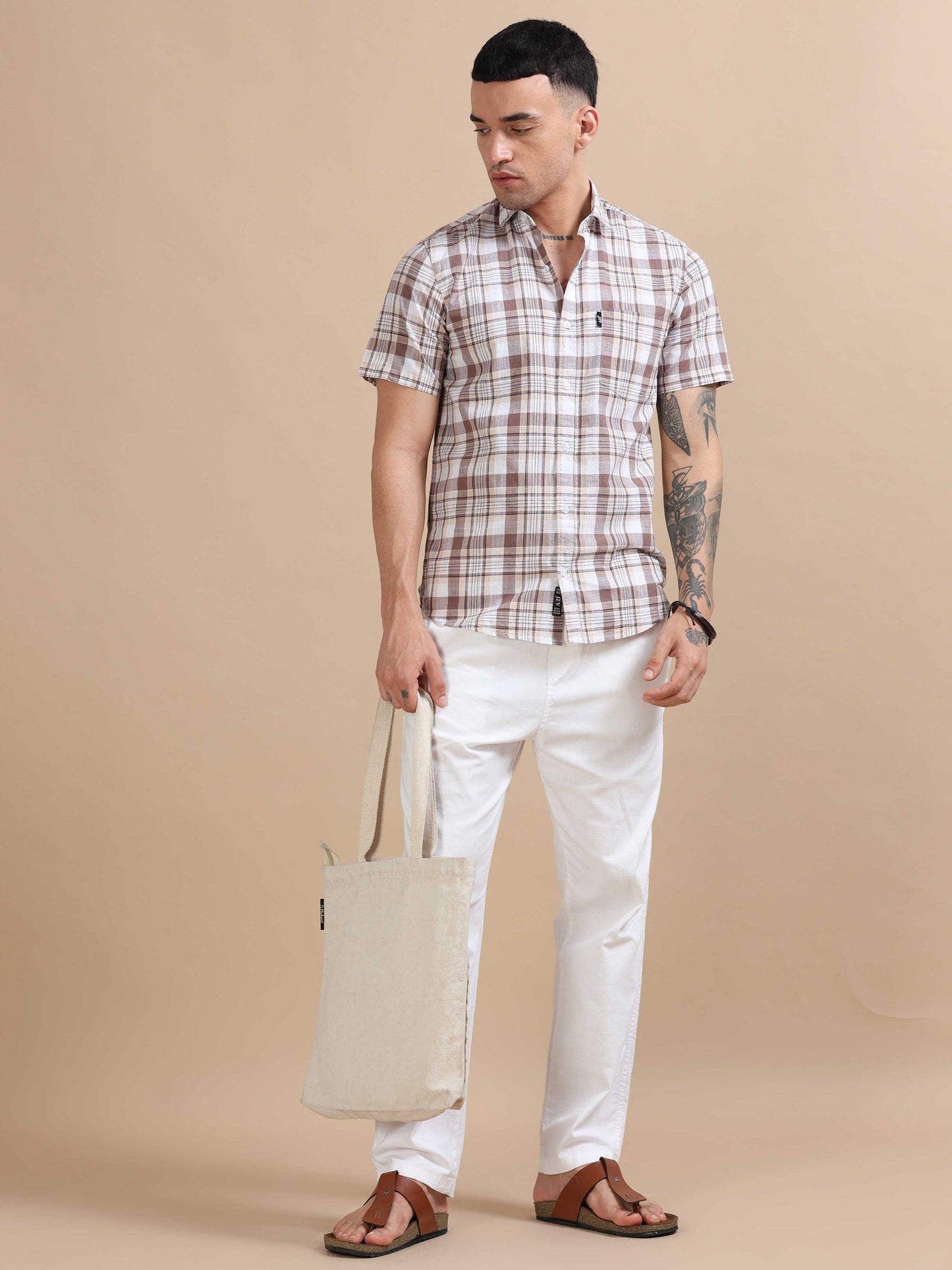 Savador Sandstone Linen Slub Checks Shirt