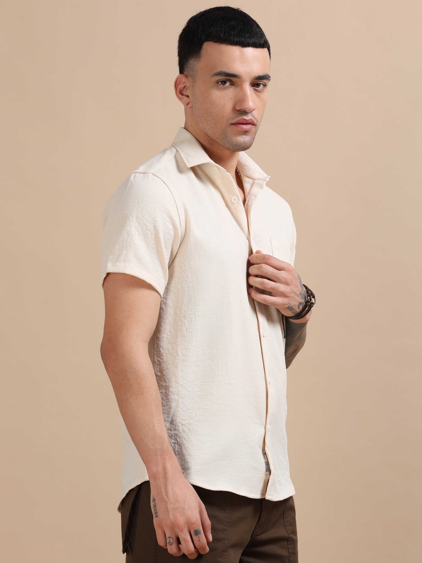 Eton Cream Imported Poly Linen Shirt