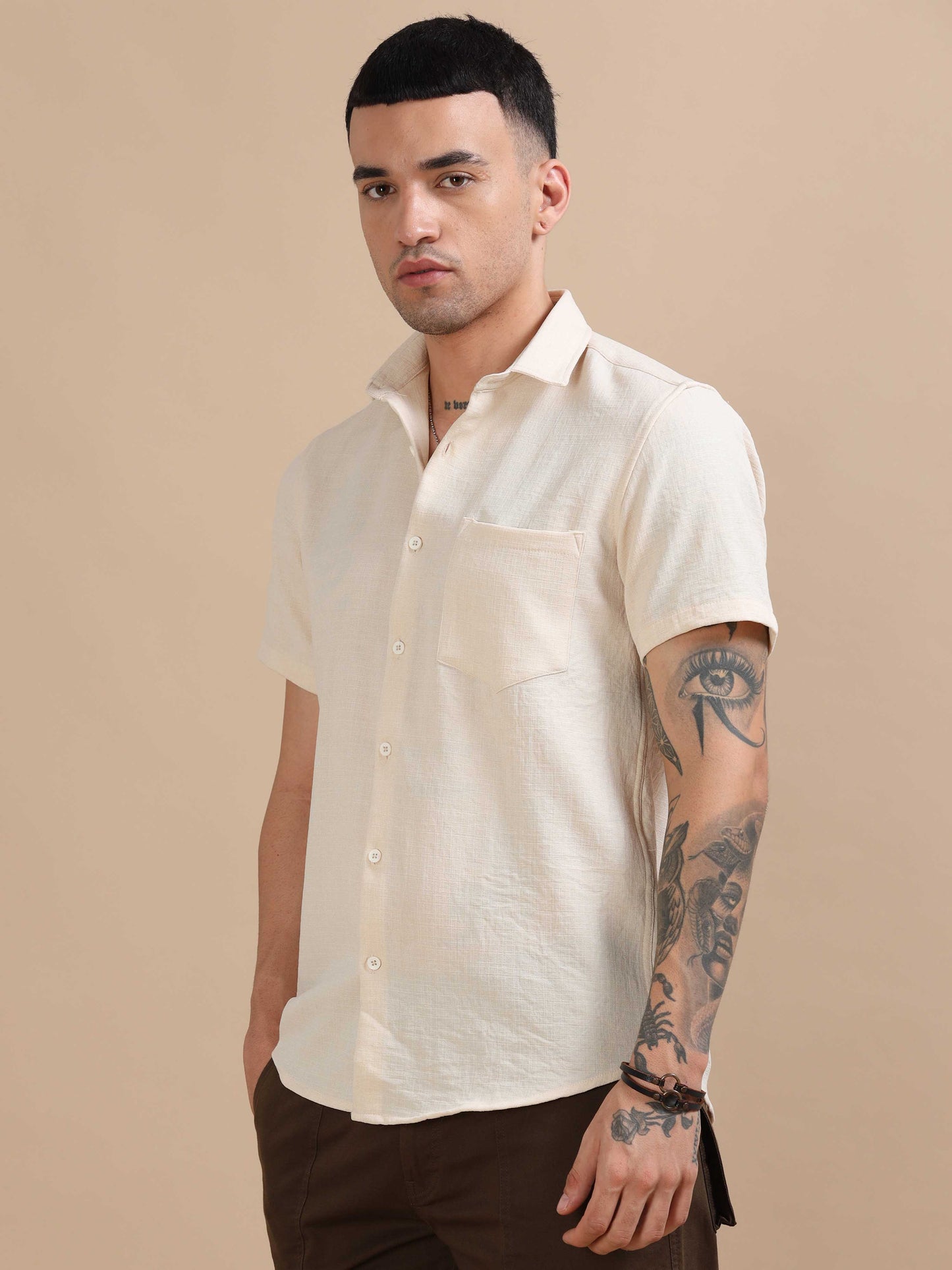 Eton Cream Imported Poly Linen Shirt