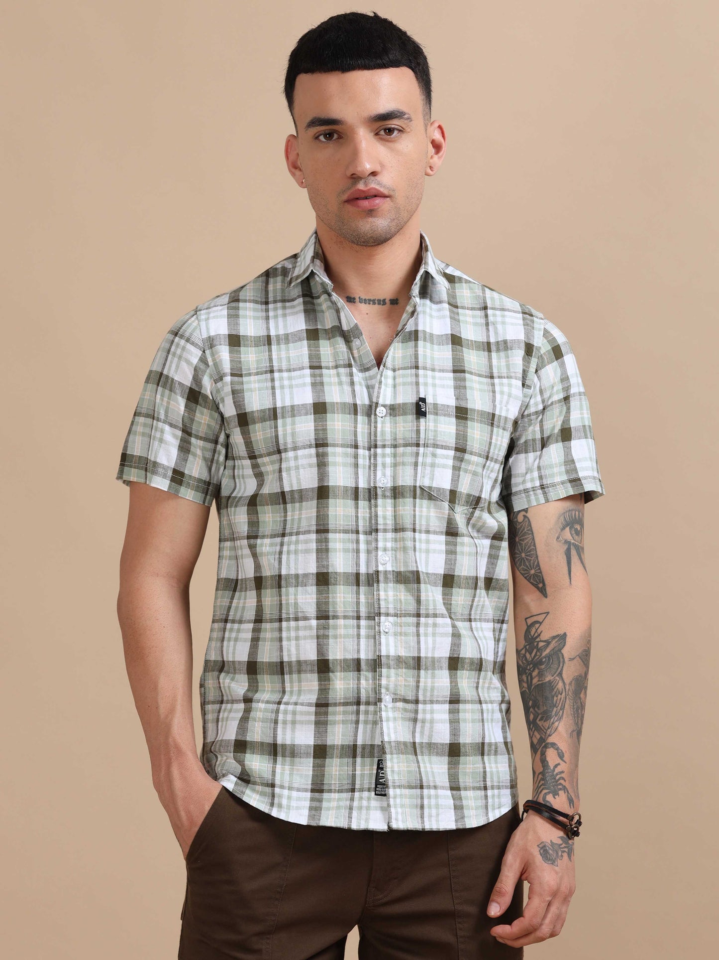 Savador Green Linen Slub Checks Shirt