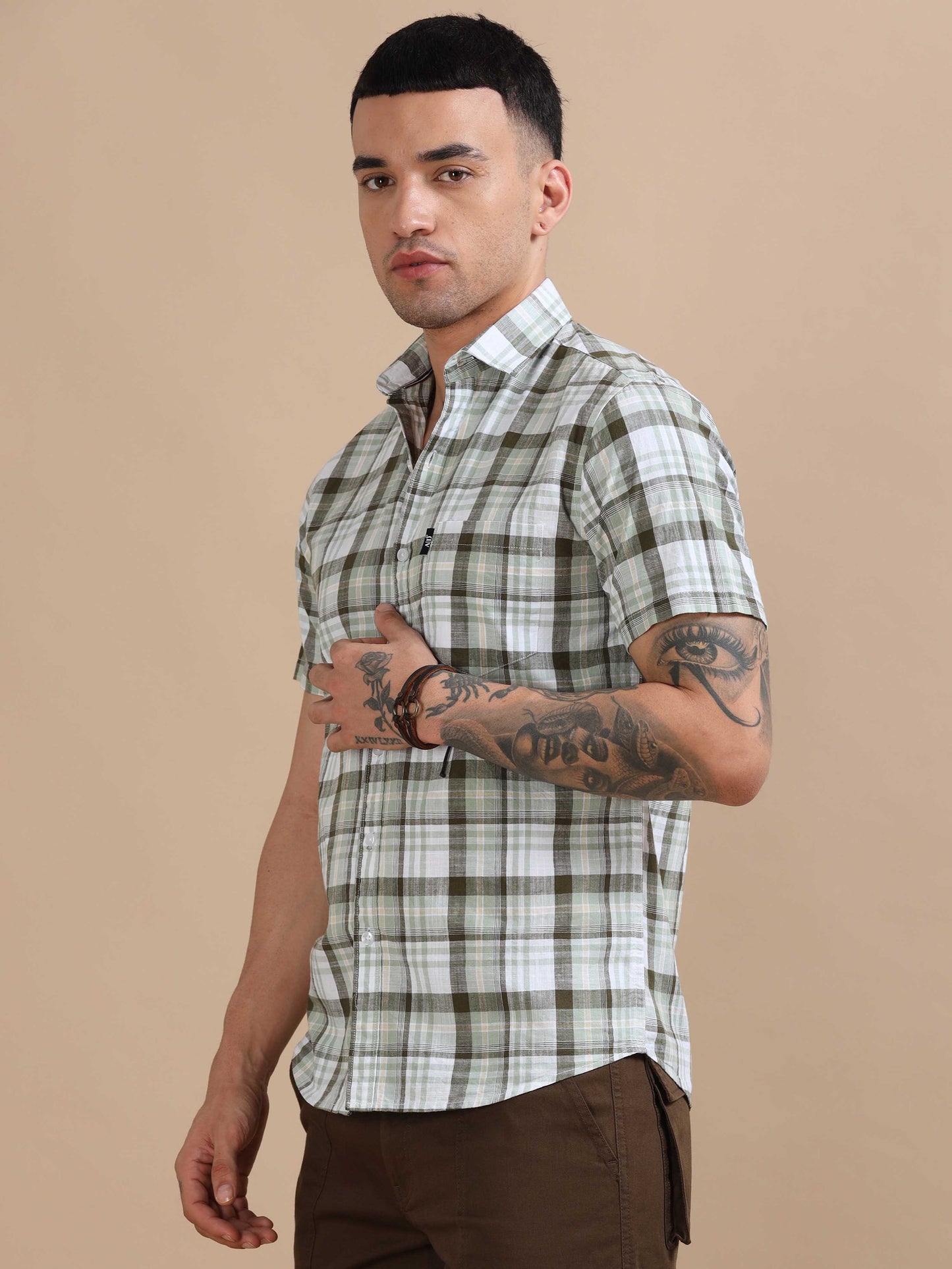 Savador Green Linen Slub Checks Shirt