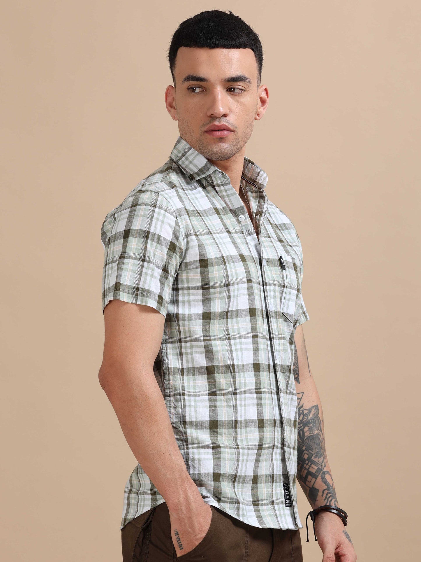 Savador Green Linen Slub Checks Shirt