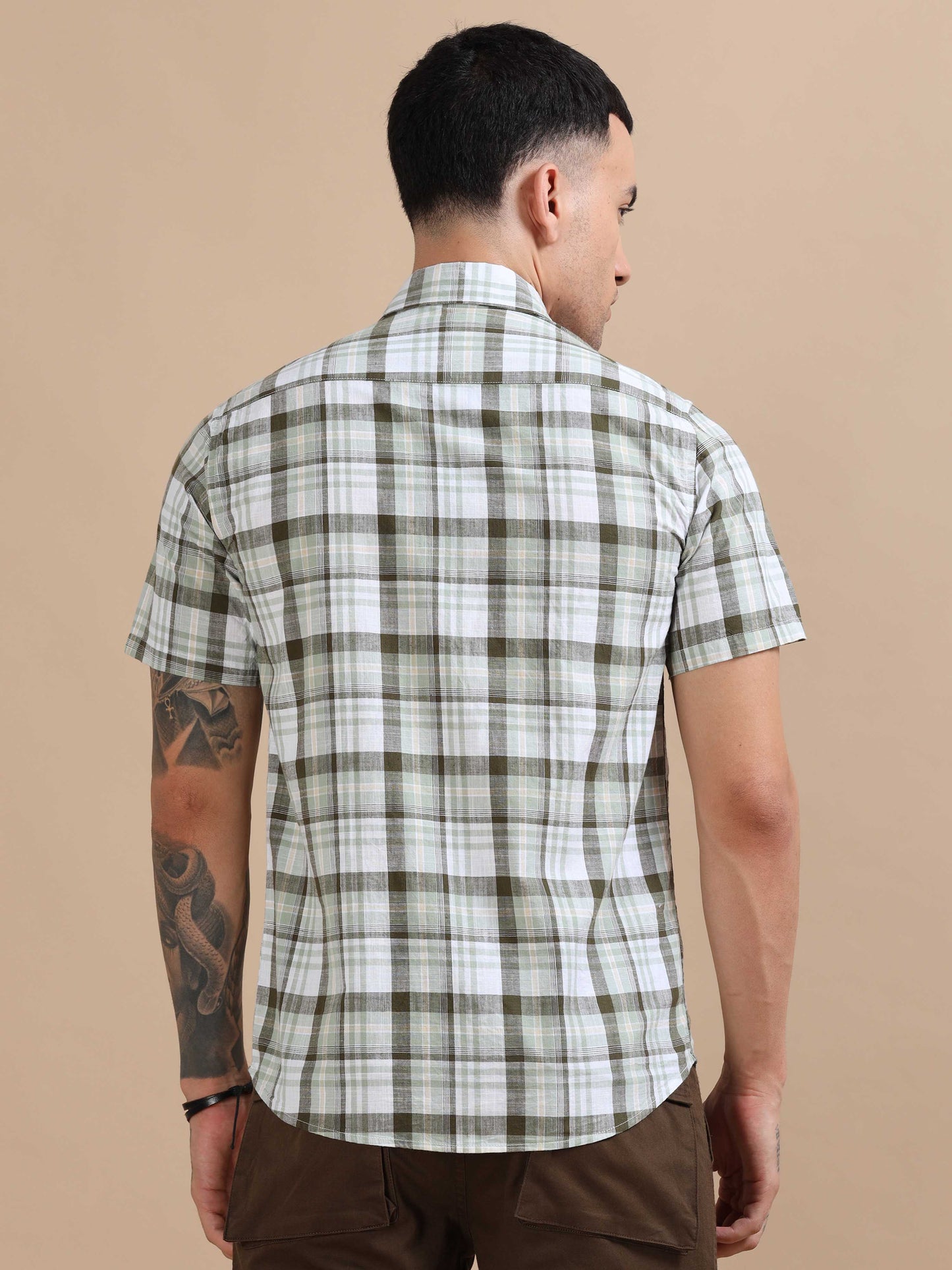 Savador Green Linen Slub Checks Shirt