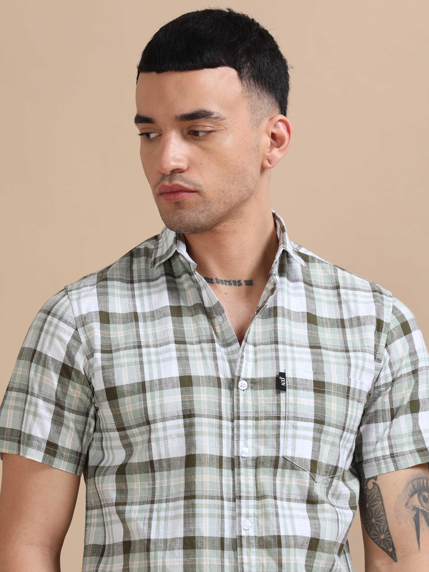 Savador Green Linen Slub Checks Shirt