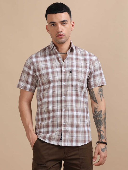 Savador Brown Linen Slub Checks Shirt