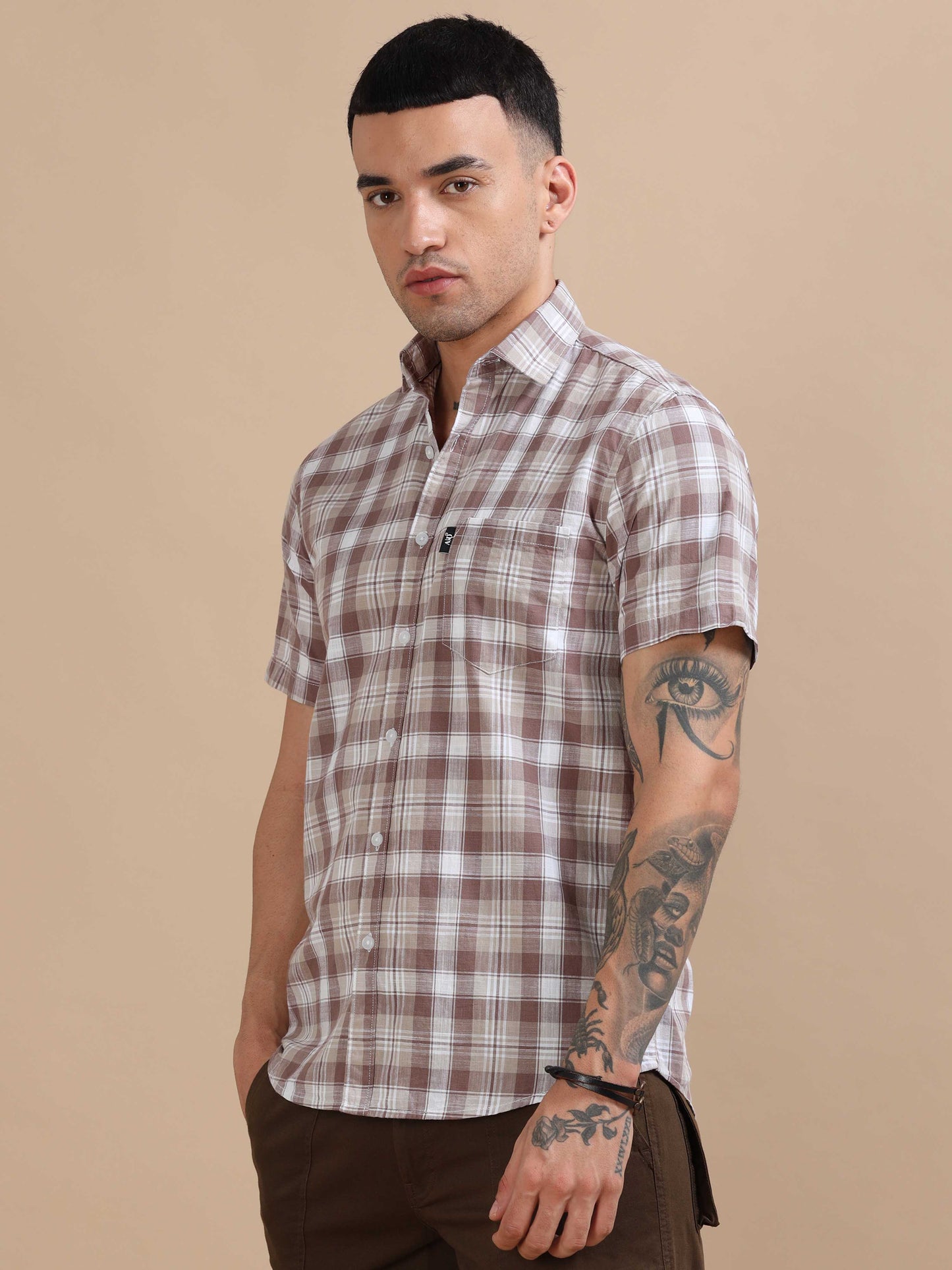 Savador Brown Linen Slub Checks Shirt