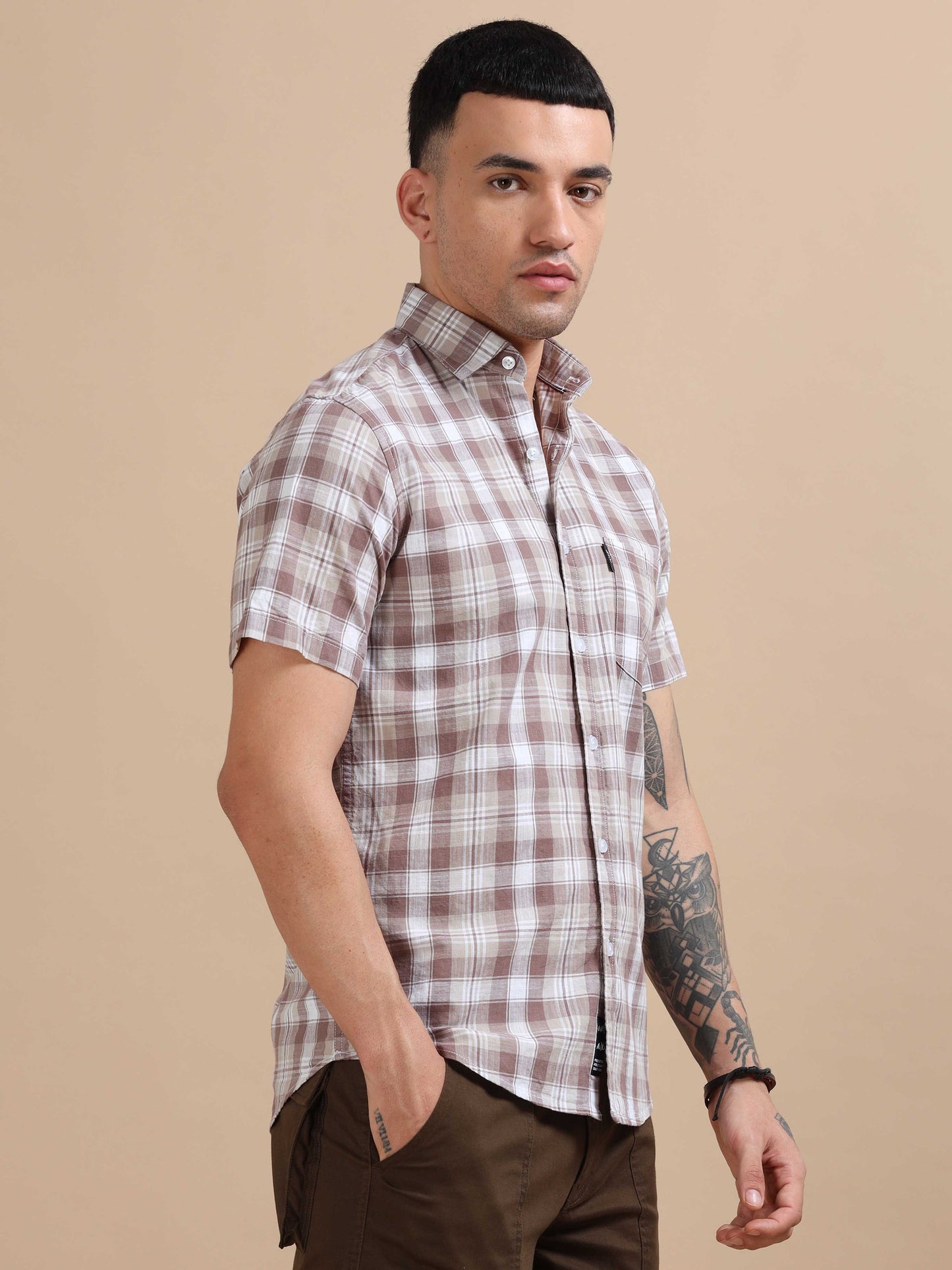 Savador Brown Linen Slub Checks Shirt