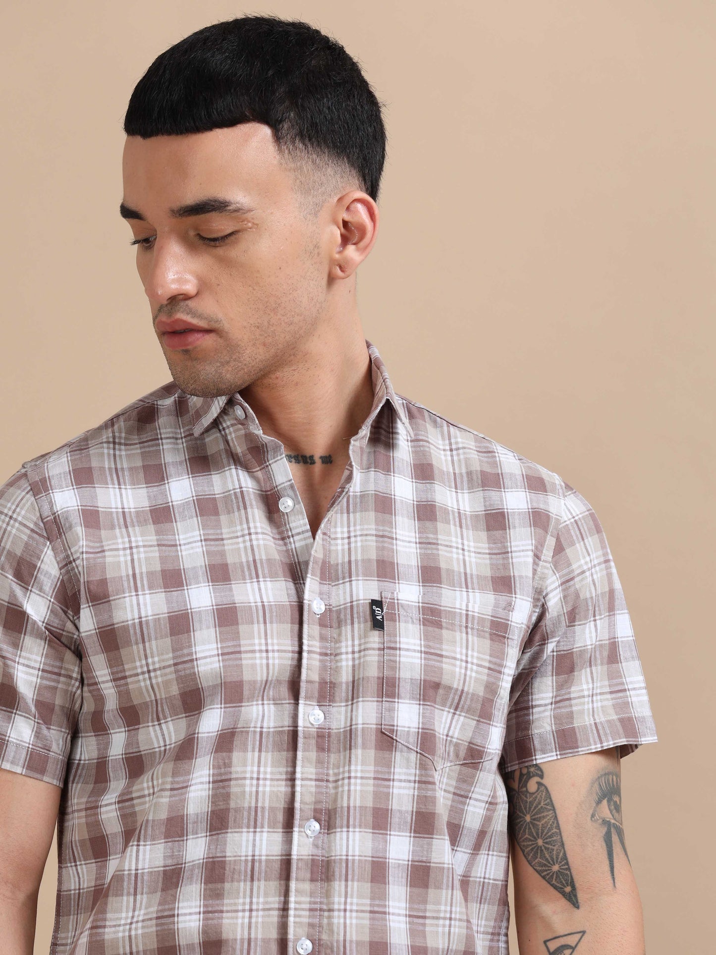 Savador Brown Linen Slub Checks Shirt