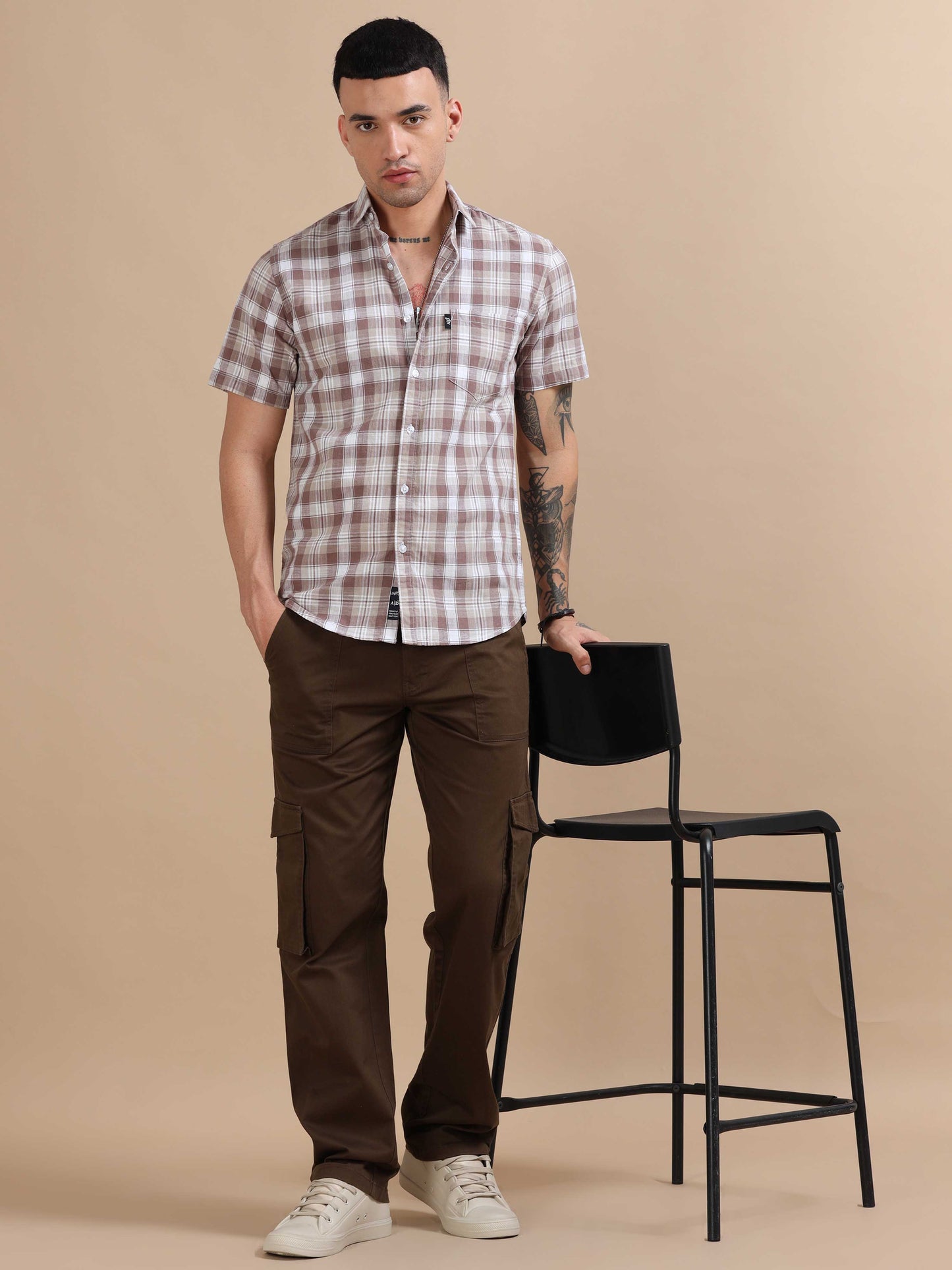 Savador Brown Linen Slub Checks Shirt