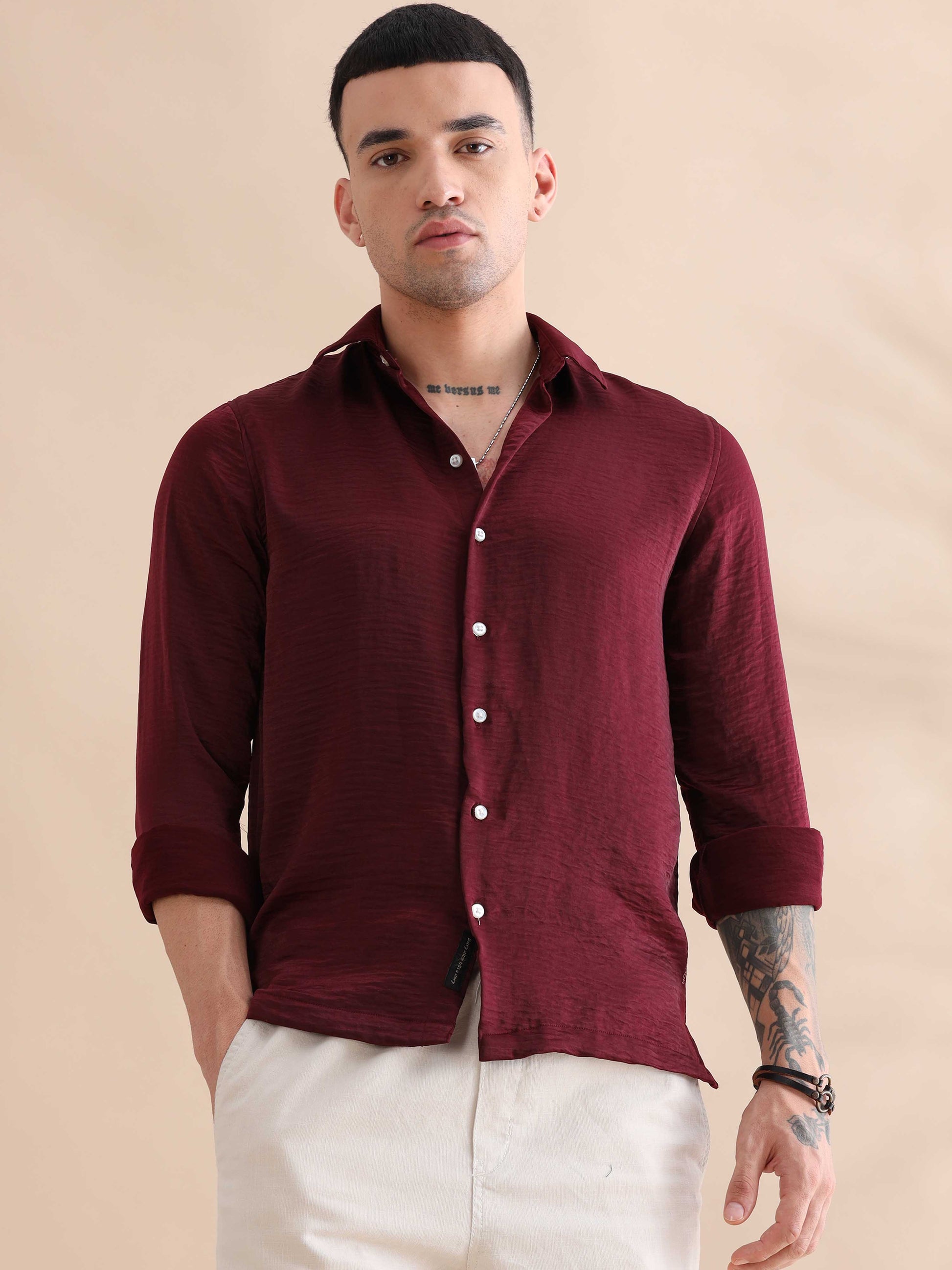 Solid Red Velvet Shirt Full Sleeve