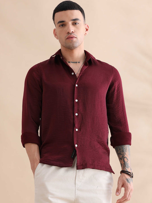 Solid Red Velvet Shirt Full Sleeve