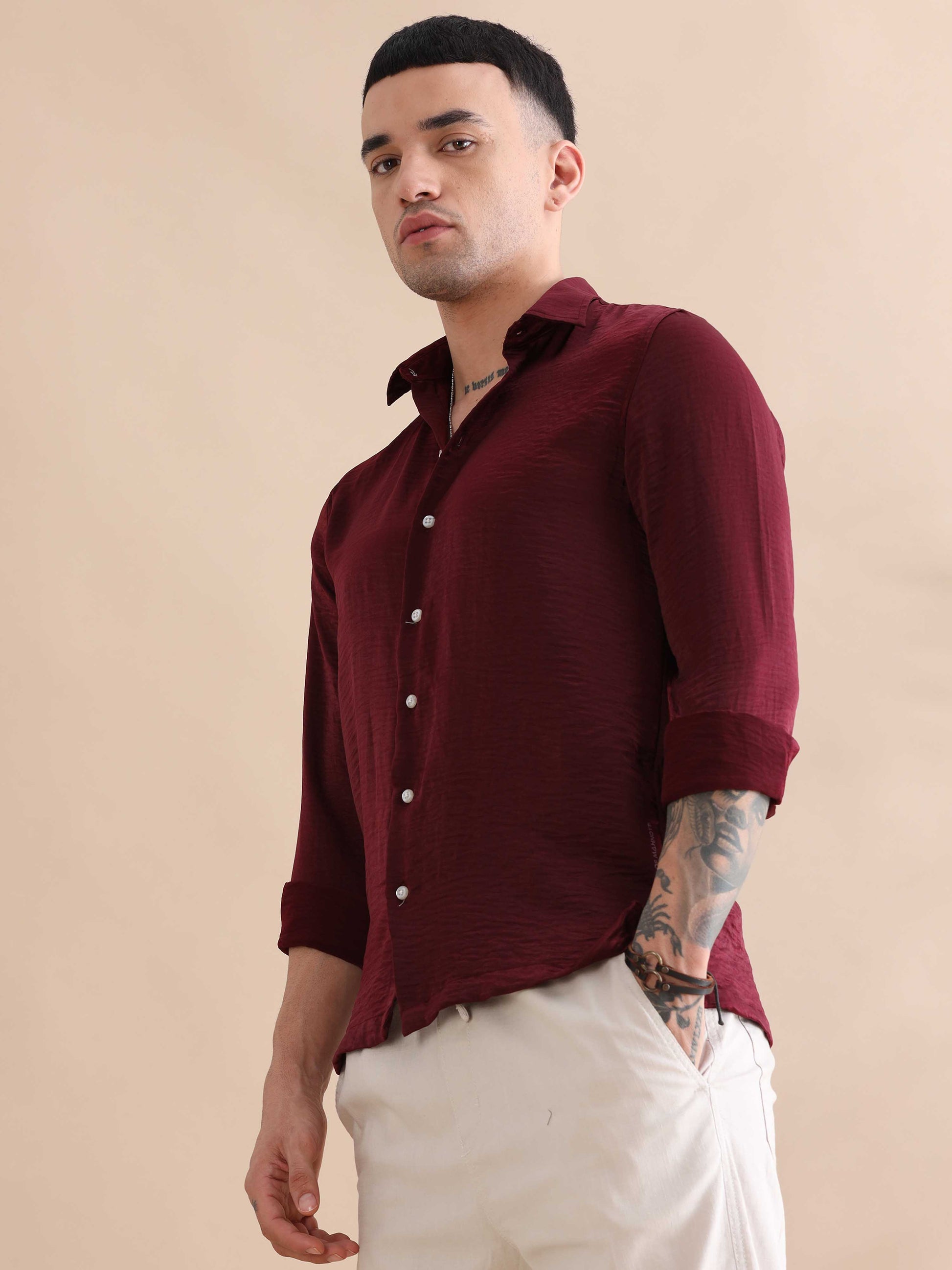 Solid Red Velvet Shirt Full Sleeve