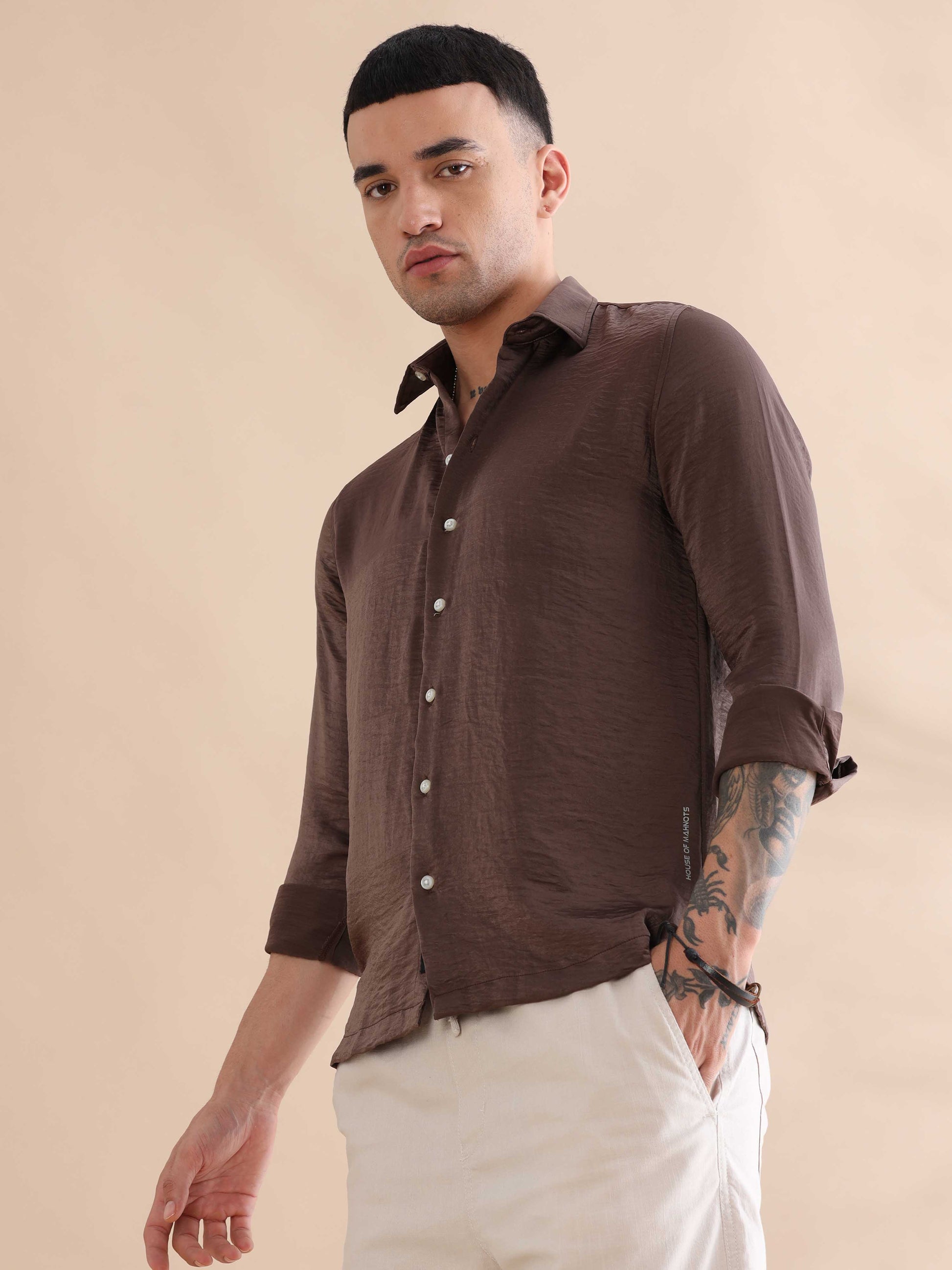 Solid Brown Imported Velvet Shirts Mens