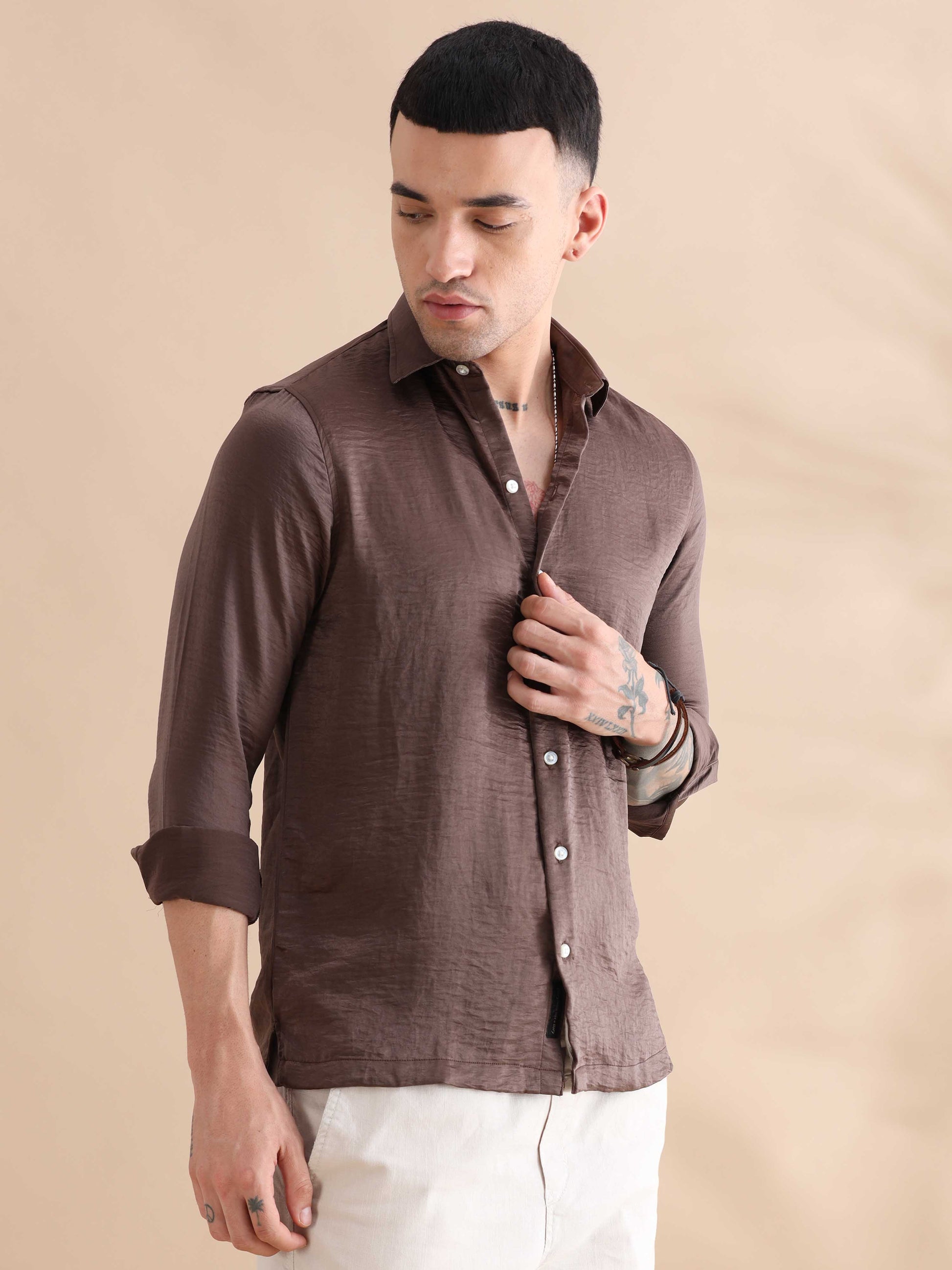 Solid Brown Imported Velvet Shirts Mens