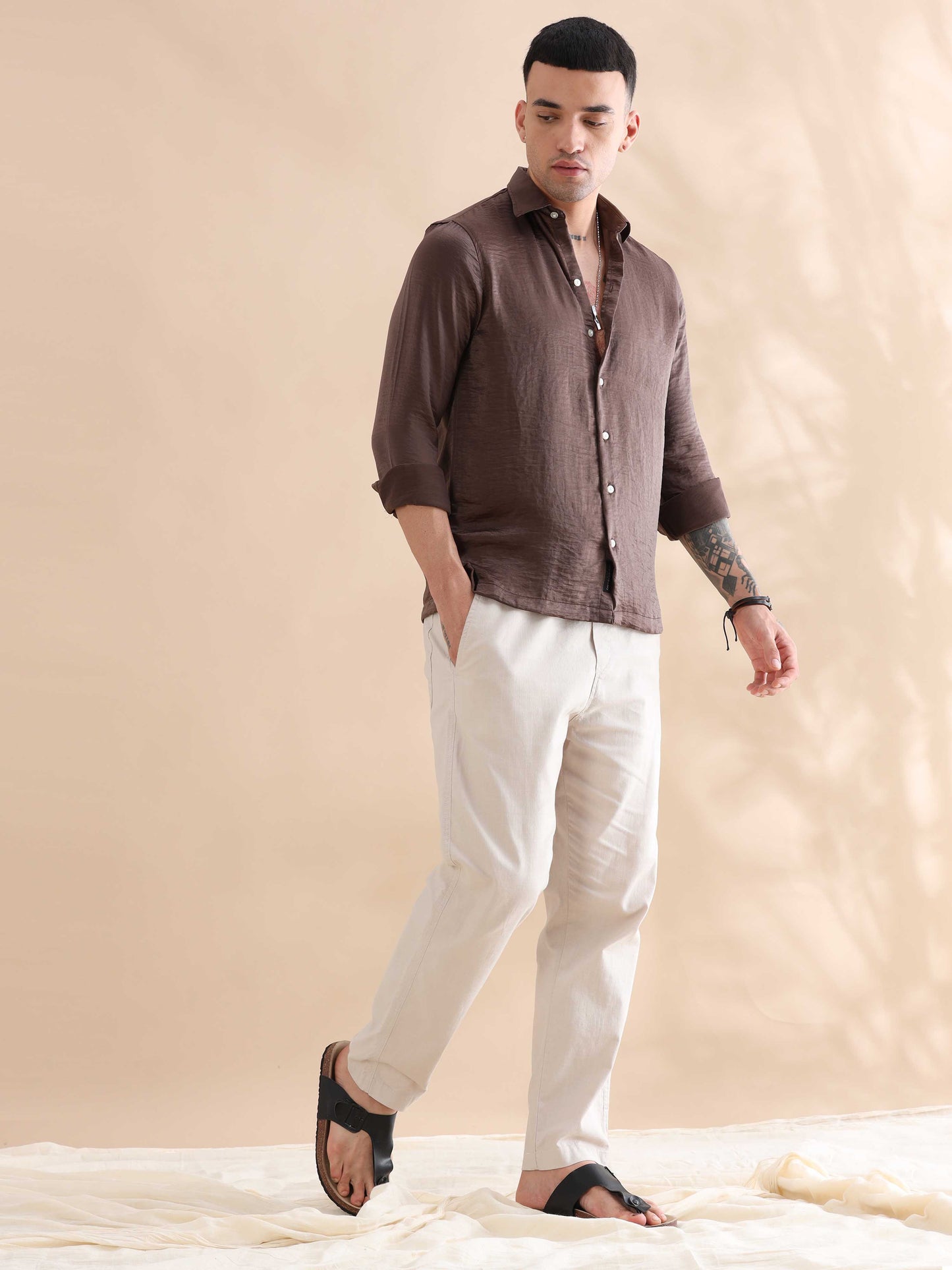 Solid Brown Imported Velvet Shirts Mens