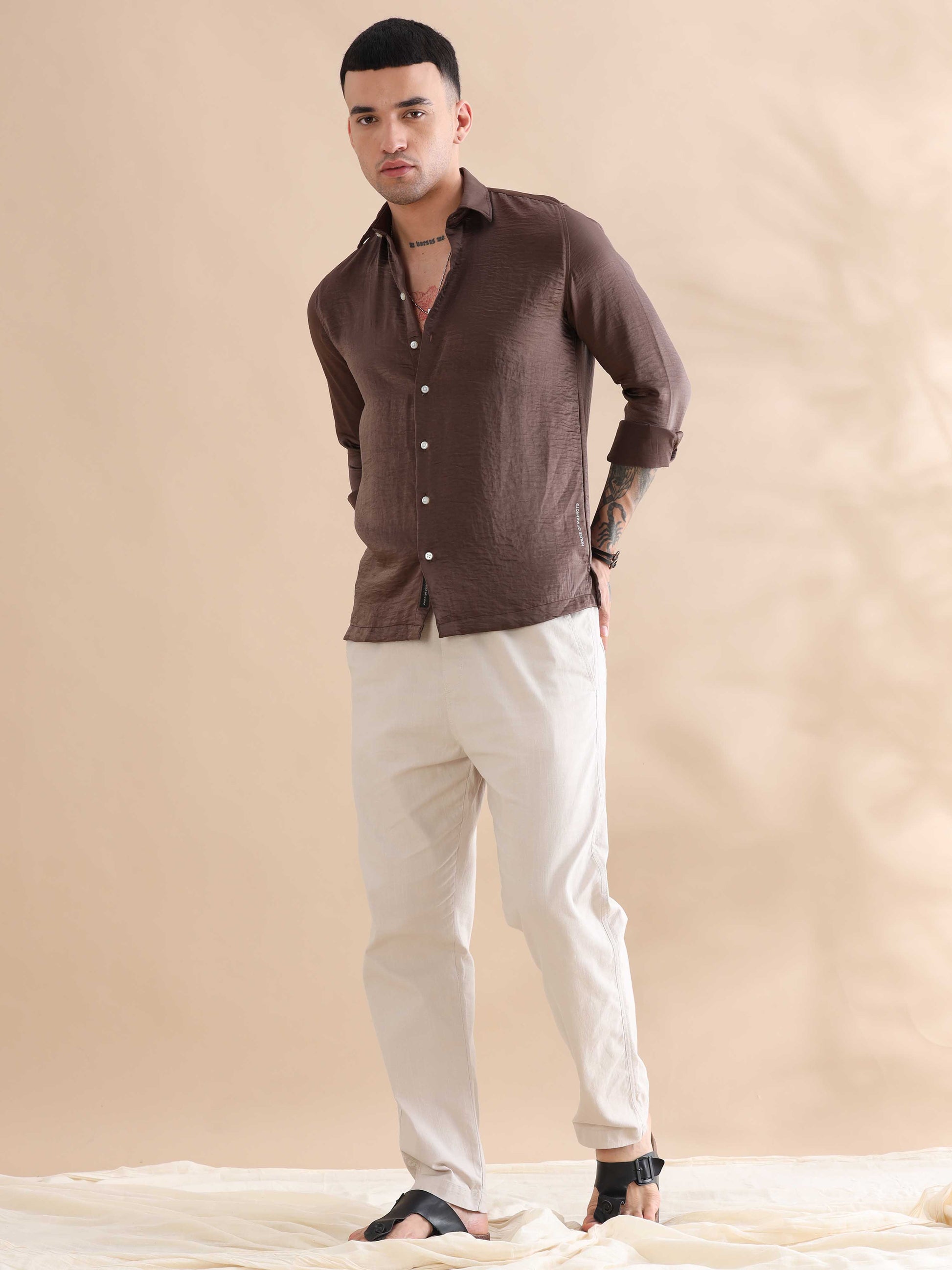 Solid Brown Imported Velvet Shirts Mens