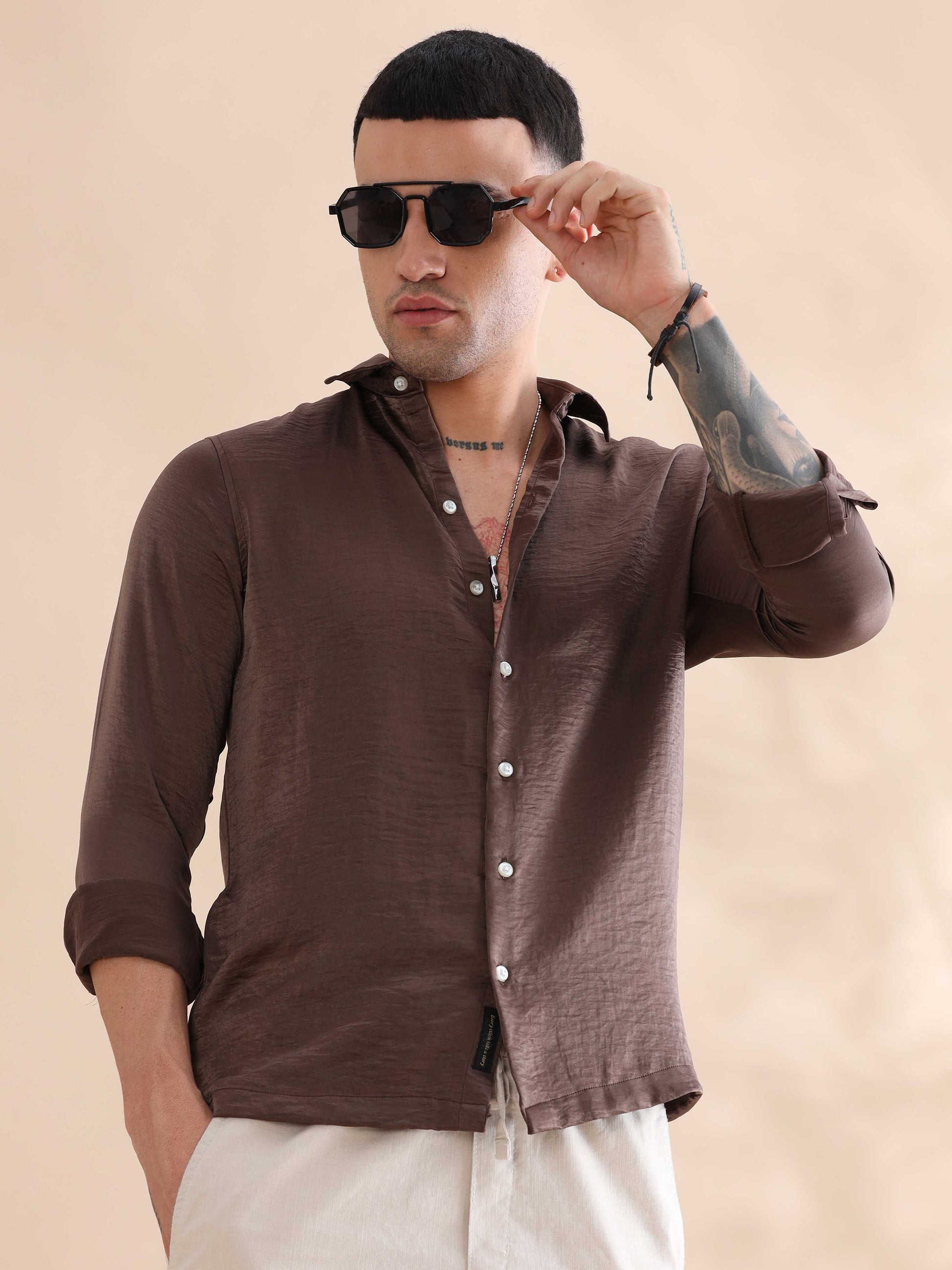 Solid Brown Imported Velvet Shirts Mens