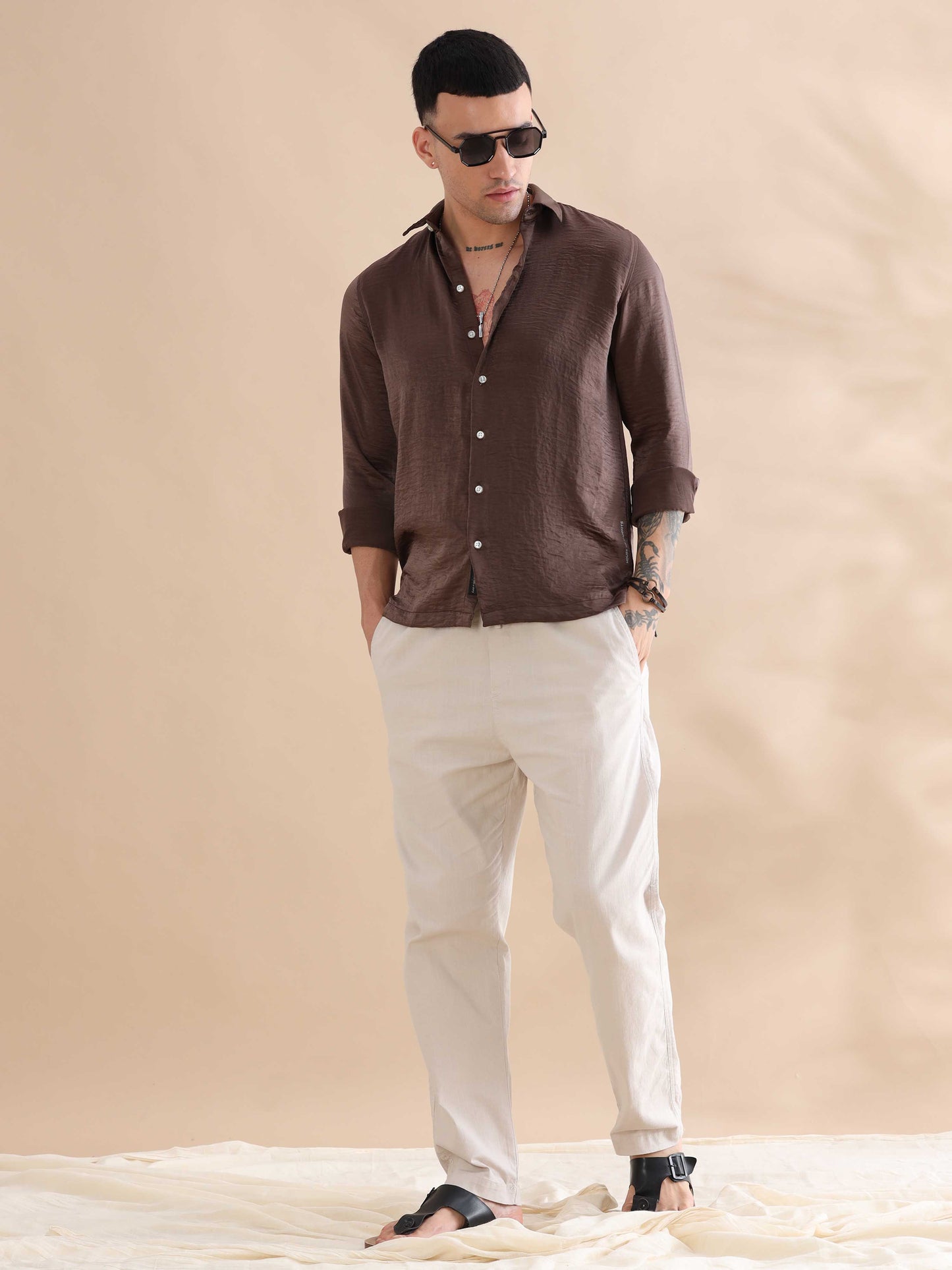 Solid Brown Imported Velvet Shirts Mens