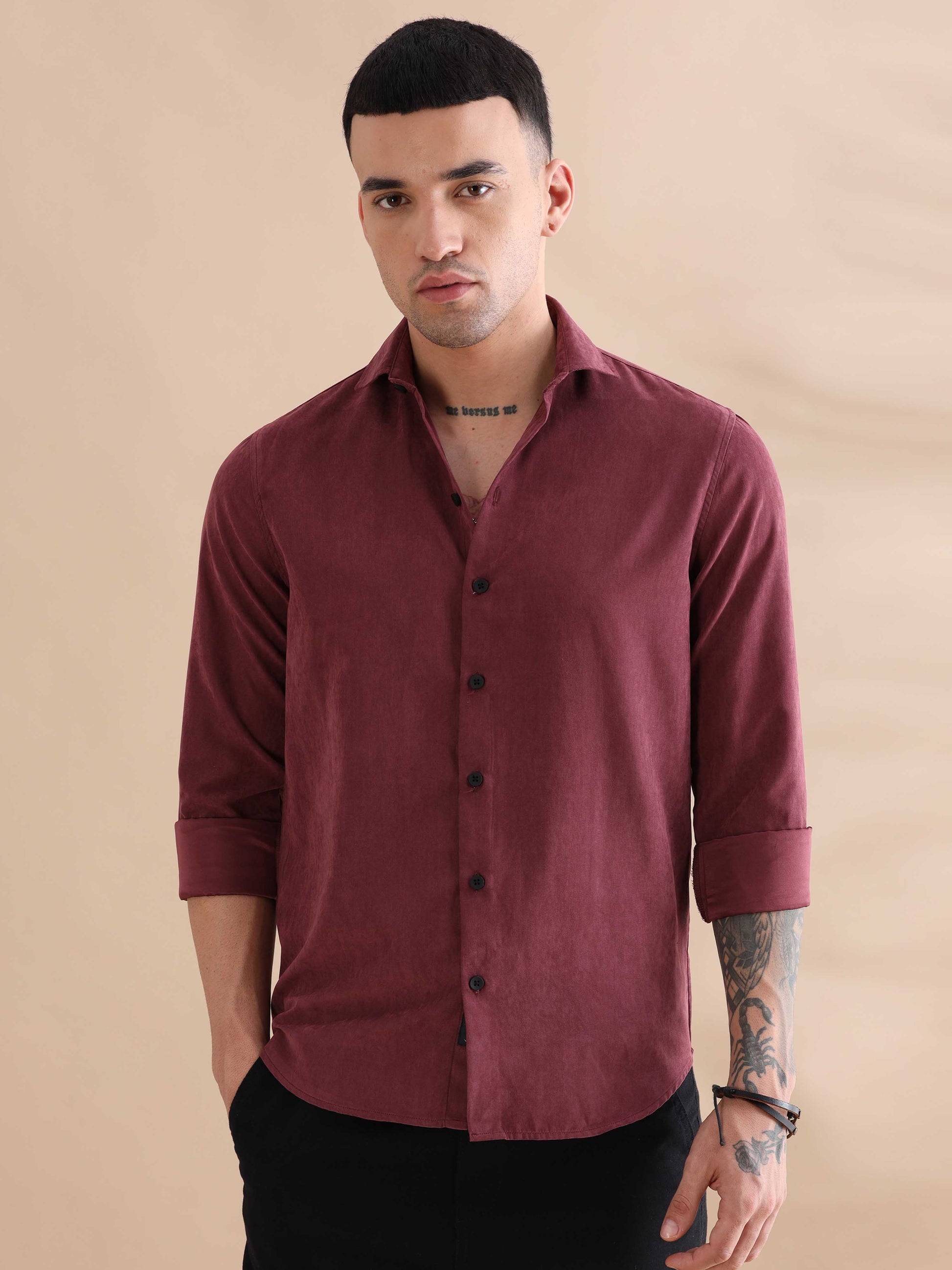 Regular Fit Red Imported Velvet Solid Color Shirts