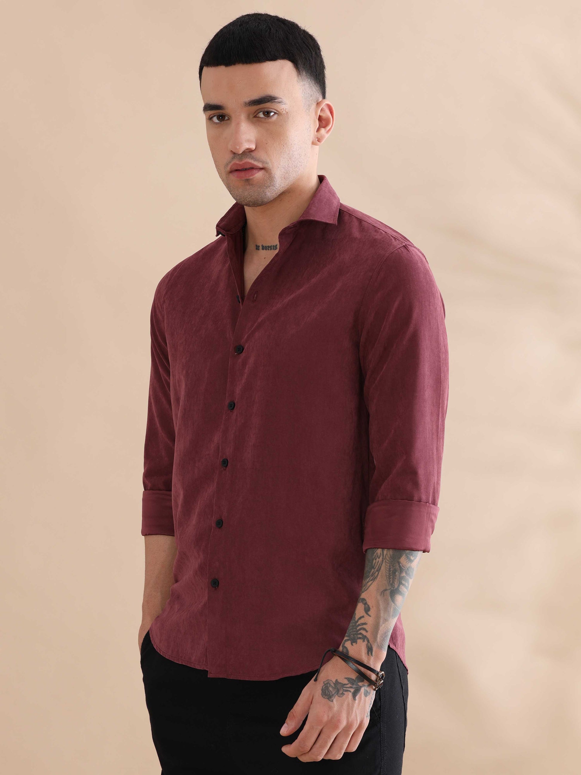 Regular Fit Red Imported Velvet Solid Color Shirts