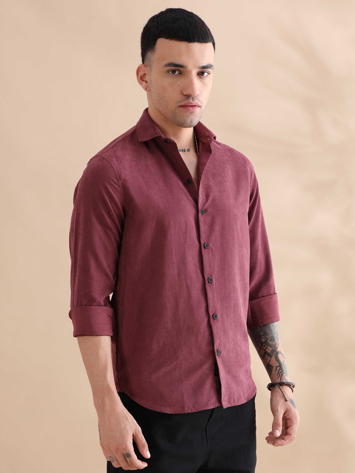 Regular Fit Red Imported Velvet Solid Color Shirts