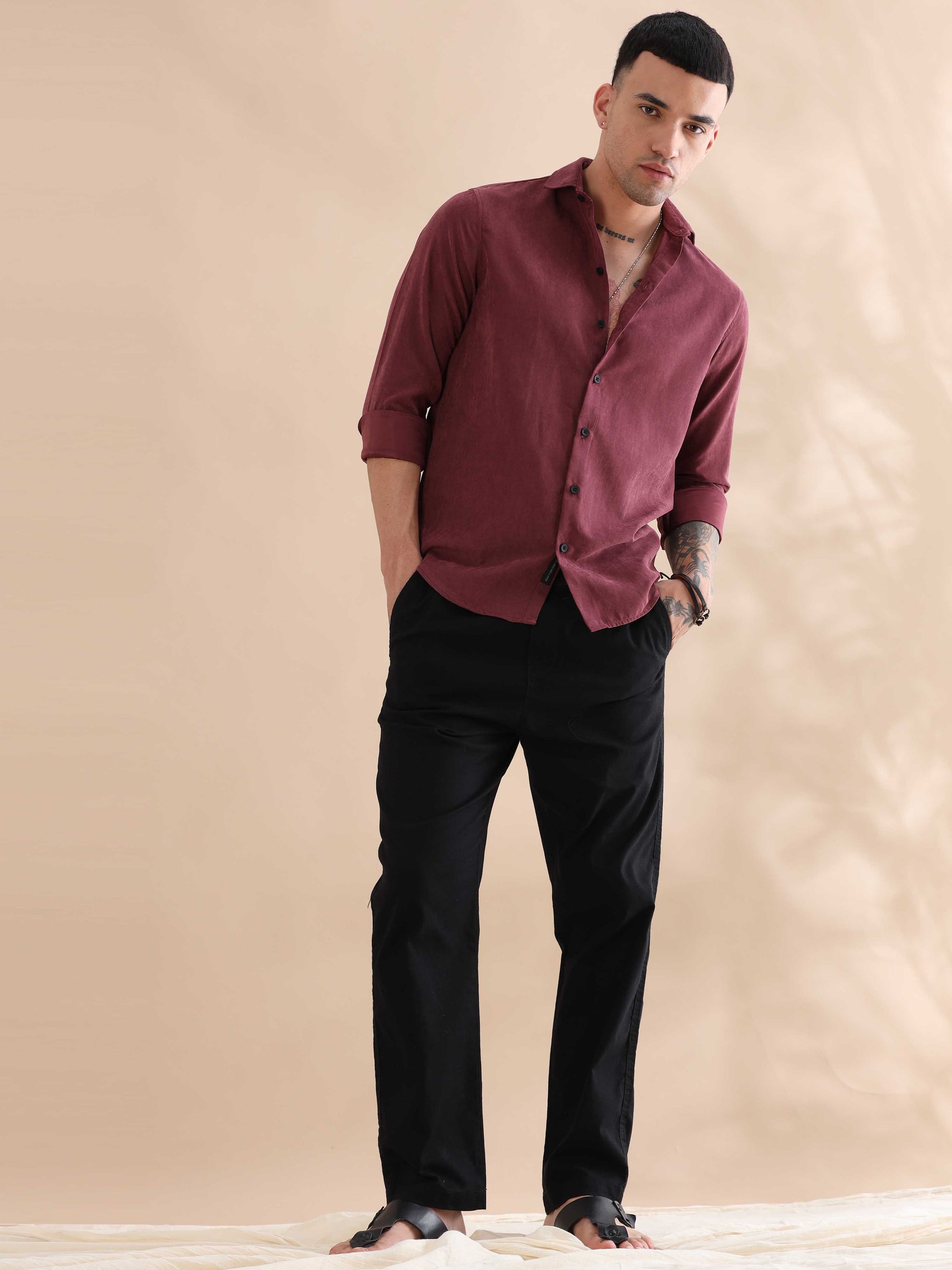 Regular Fit Red Imported Velvet Solid Color Shirts