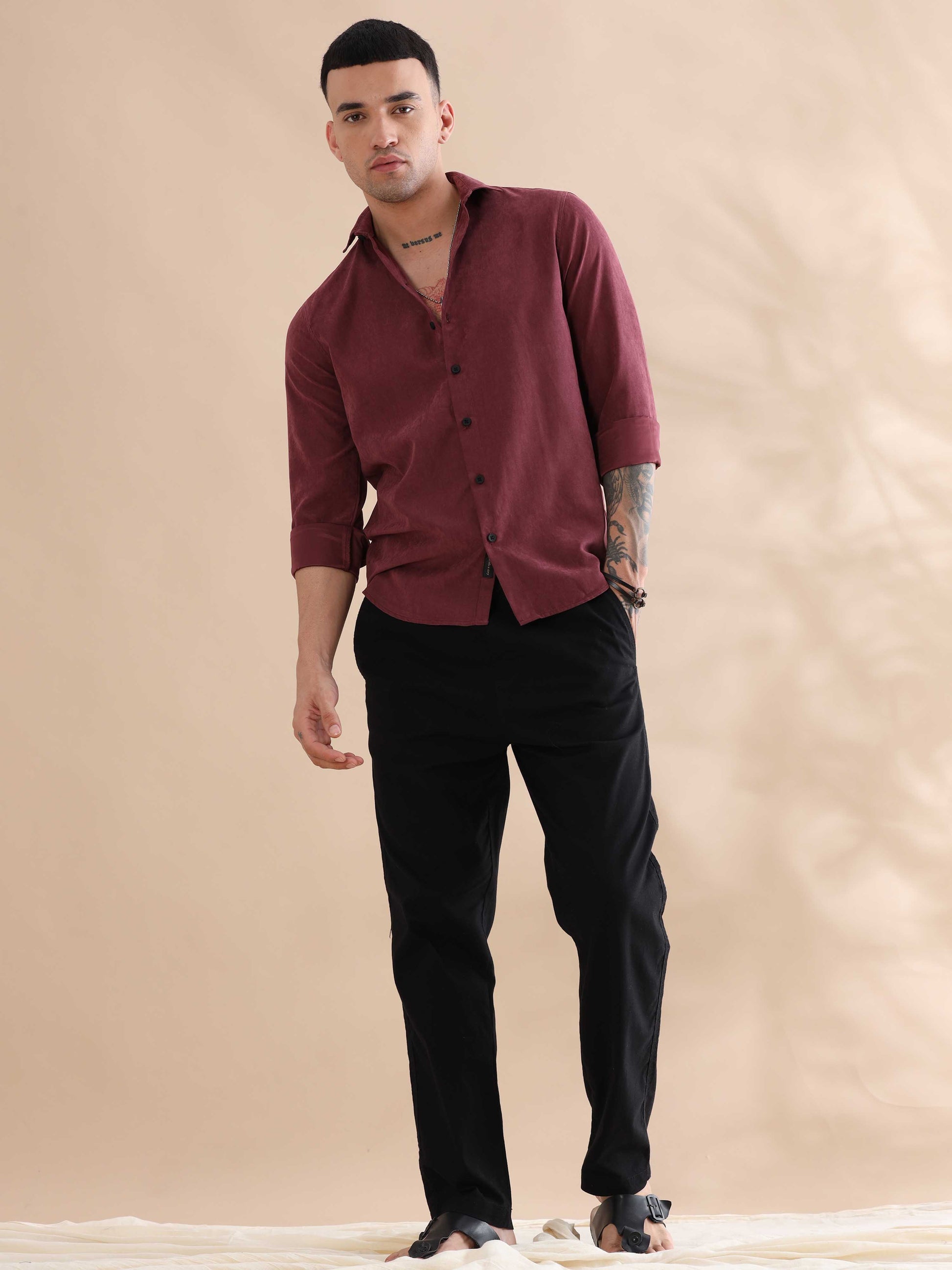 Regular Fit Red Imported Velvet Solid Color Shirts