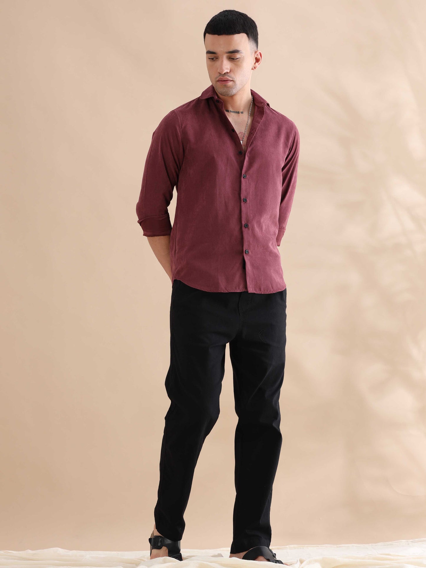 Regular Fit Red Imported Velvet Solid Color Shirts