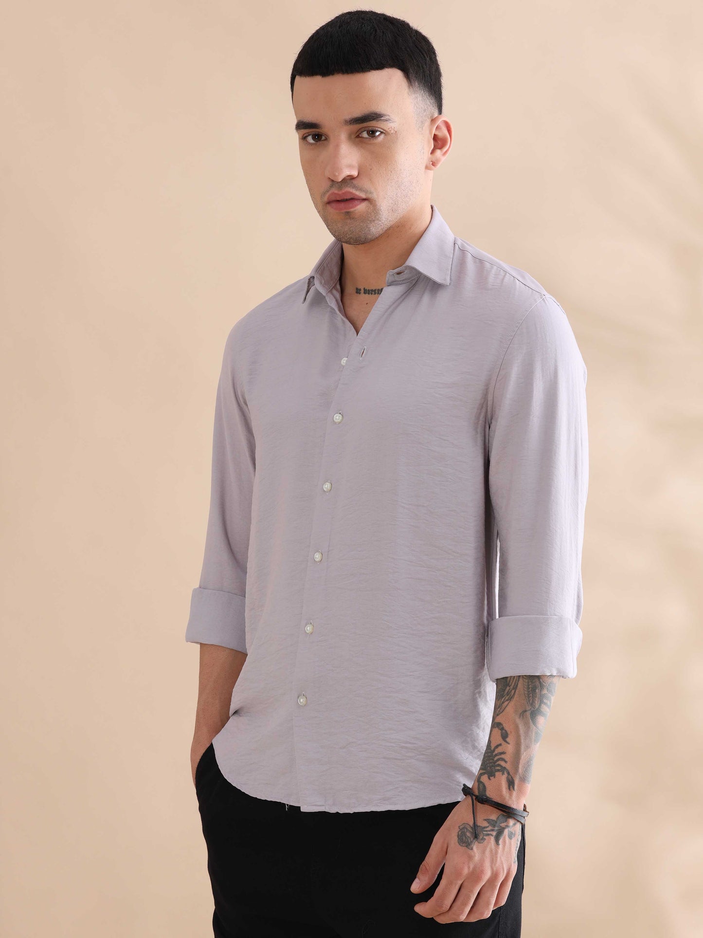 Solid Lavender Imported Crush Shirt for Men