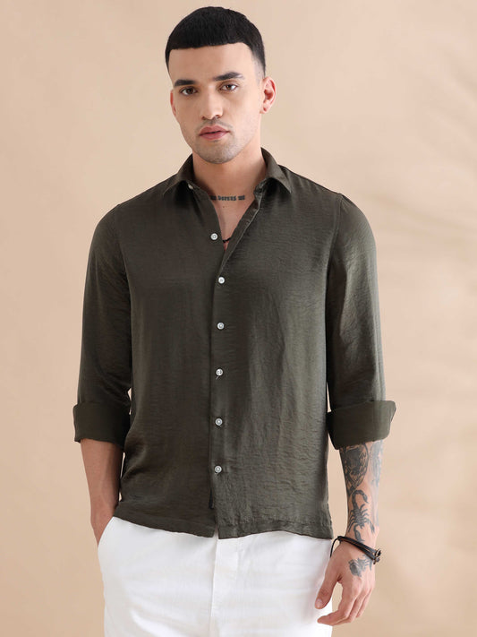 Olive Green Imported Velvet Long Sleeve Shirts